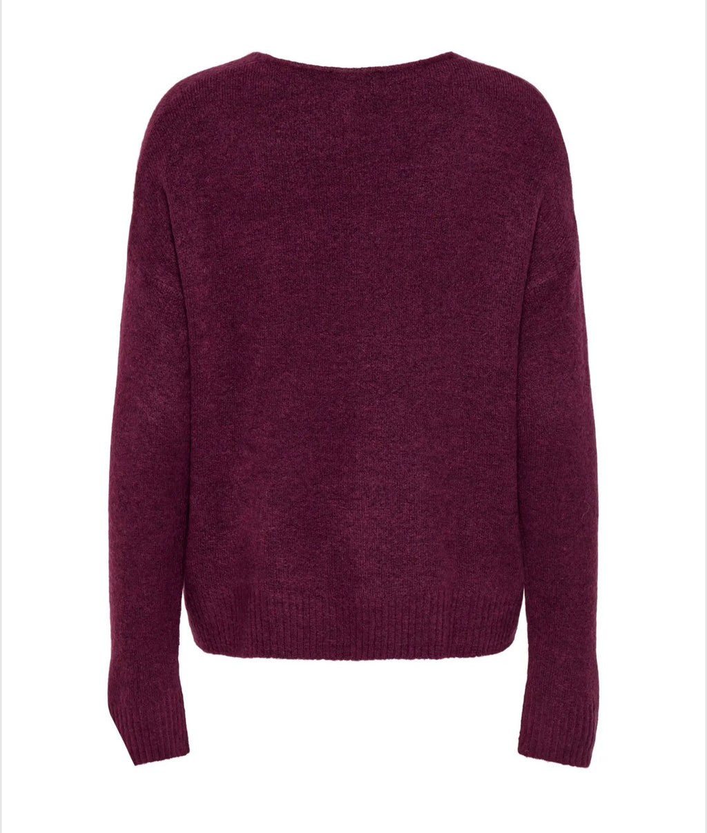 JDY - ELANORA L/S V-NECK PULLOVER - WINDSOR WINE MELANGE