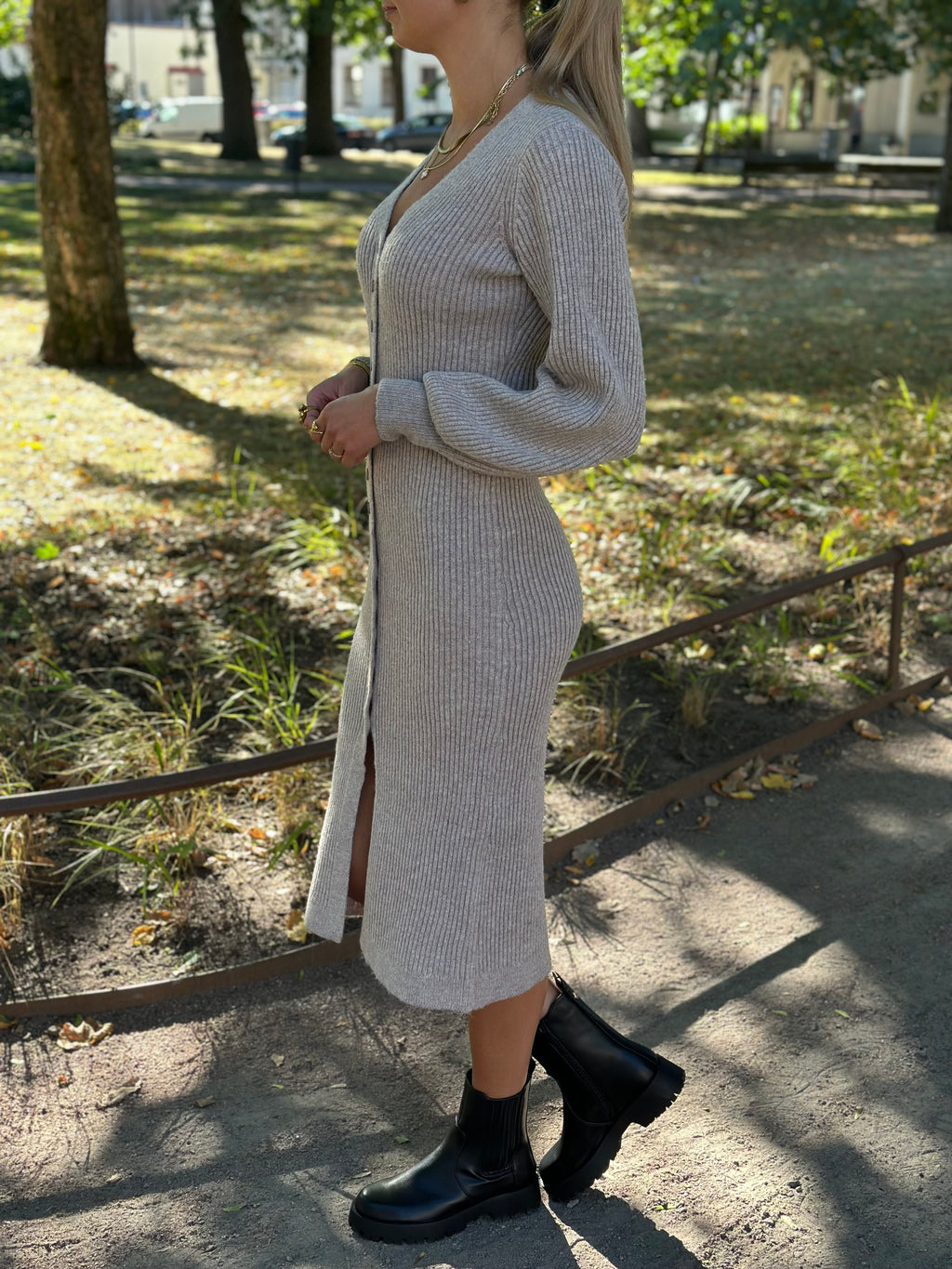 VEROMODA - EVA V-NECK LS RIB DRESS - MOON ROCK MELANGE