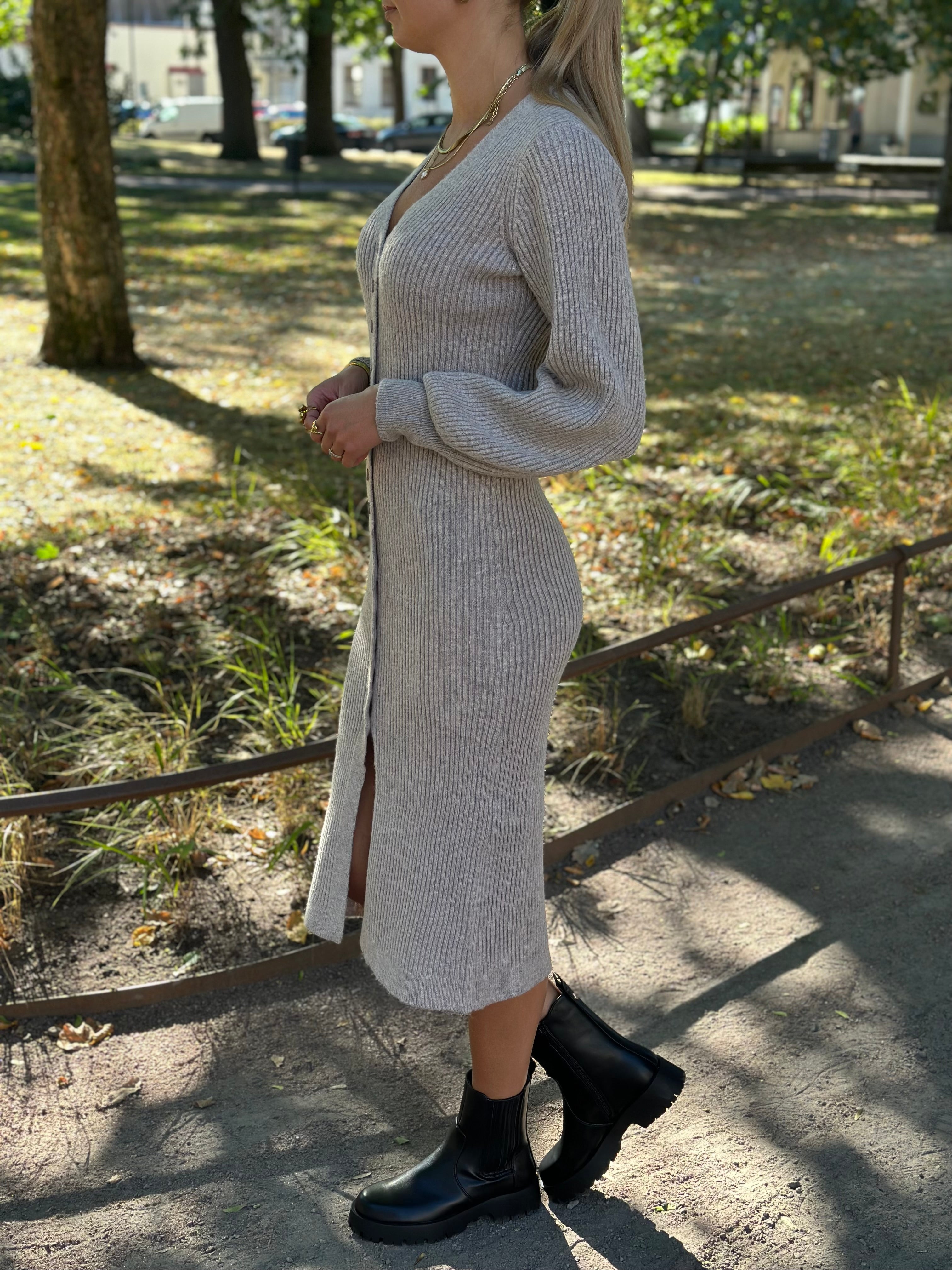 VEROMODA - EVA V-NECK LS RIB DRESS - MOON ROCK MELANGE