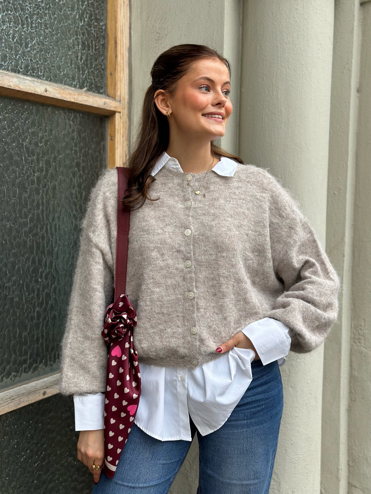PIECES - CALLIE LS O-NECK KNIT CARDIGAN - GREIGE/MELANGE