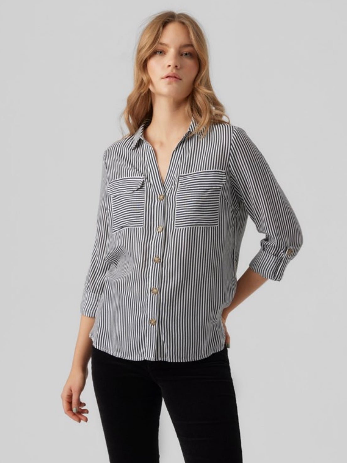 VERO MODA - BUMPY L/S SHIRT NEW - SNOW WHITE/INDIA INK