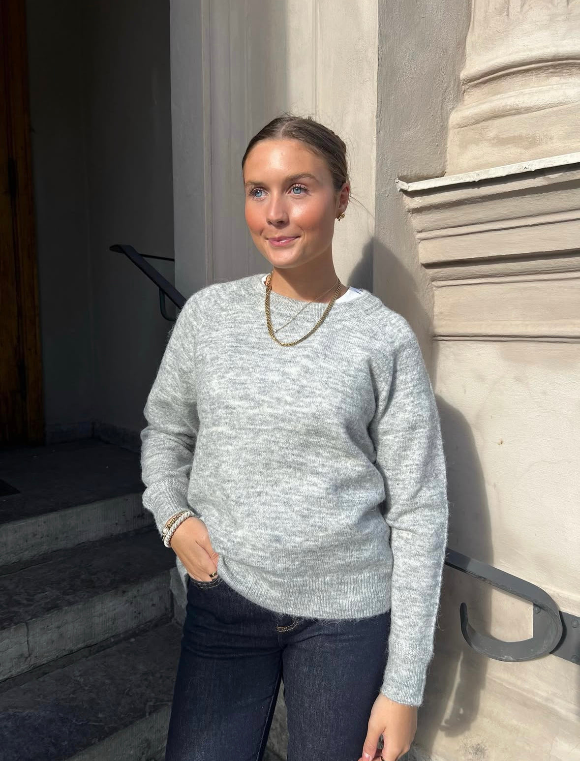 SELECTED FEMME - LULU LS KNIT O-NECK - LIGHT GREY MELANGE