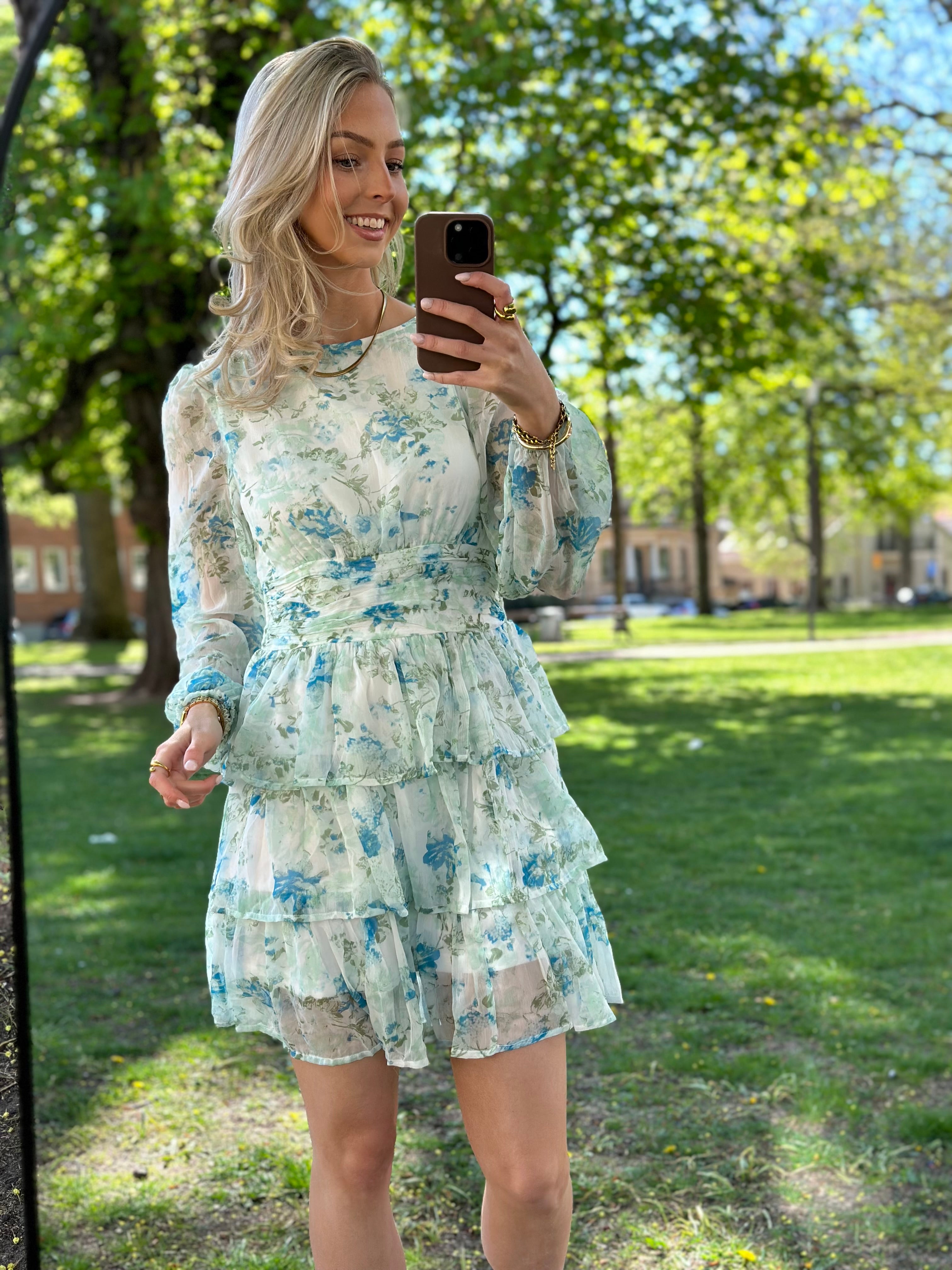 VEROMODA - SMILLA LS SHORT LAYER DRESS - SNOW WHITE/BLUE BRIT