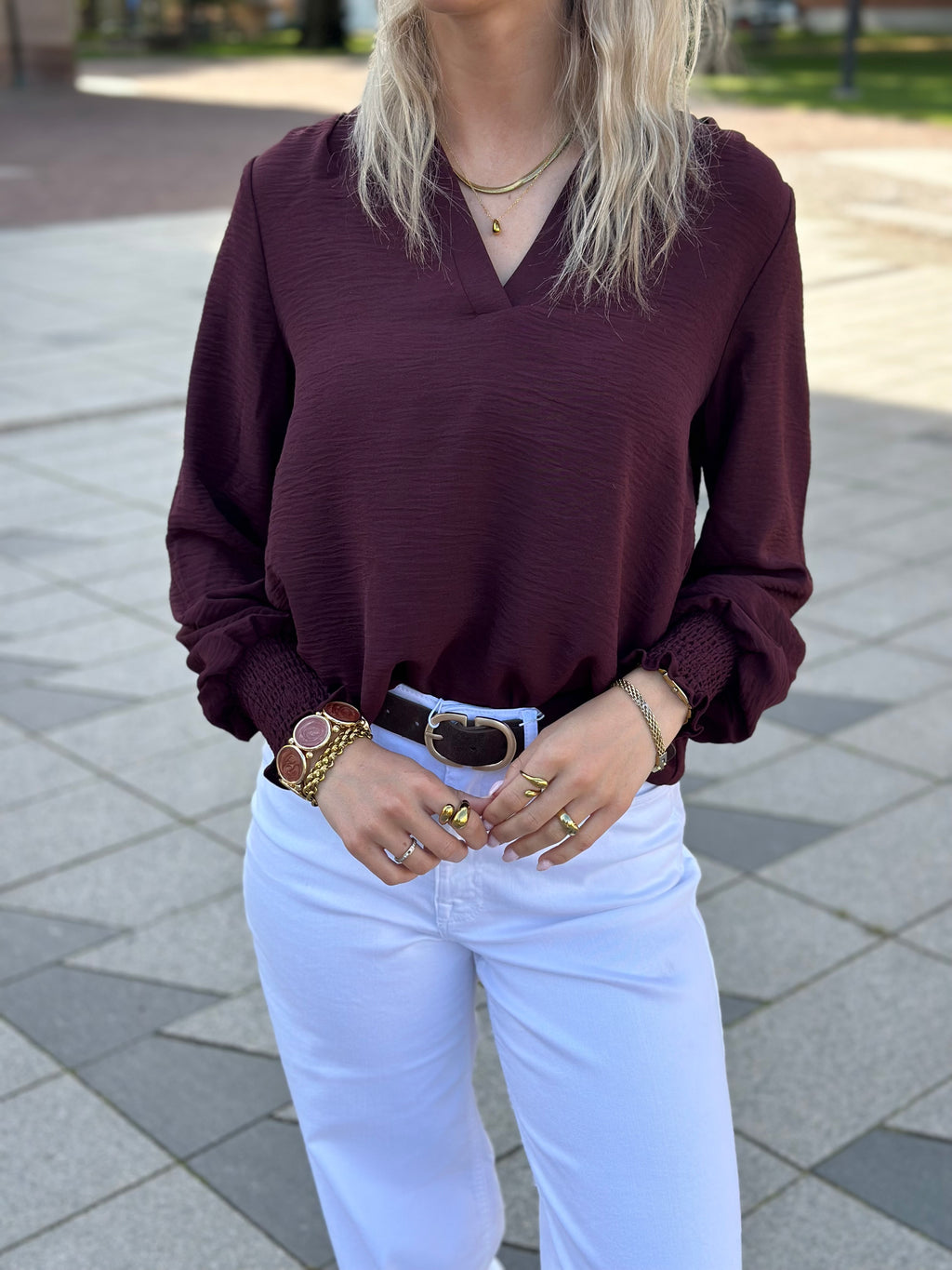 ONLY - METTE V-NECK LS SMOCK TOP - DECADENT CHOCOLATE