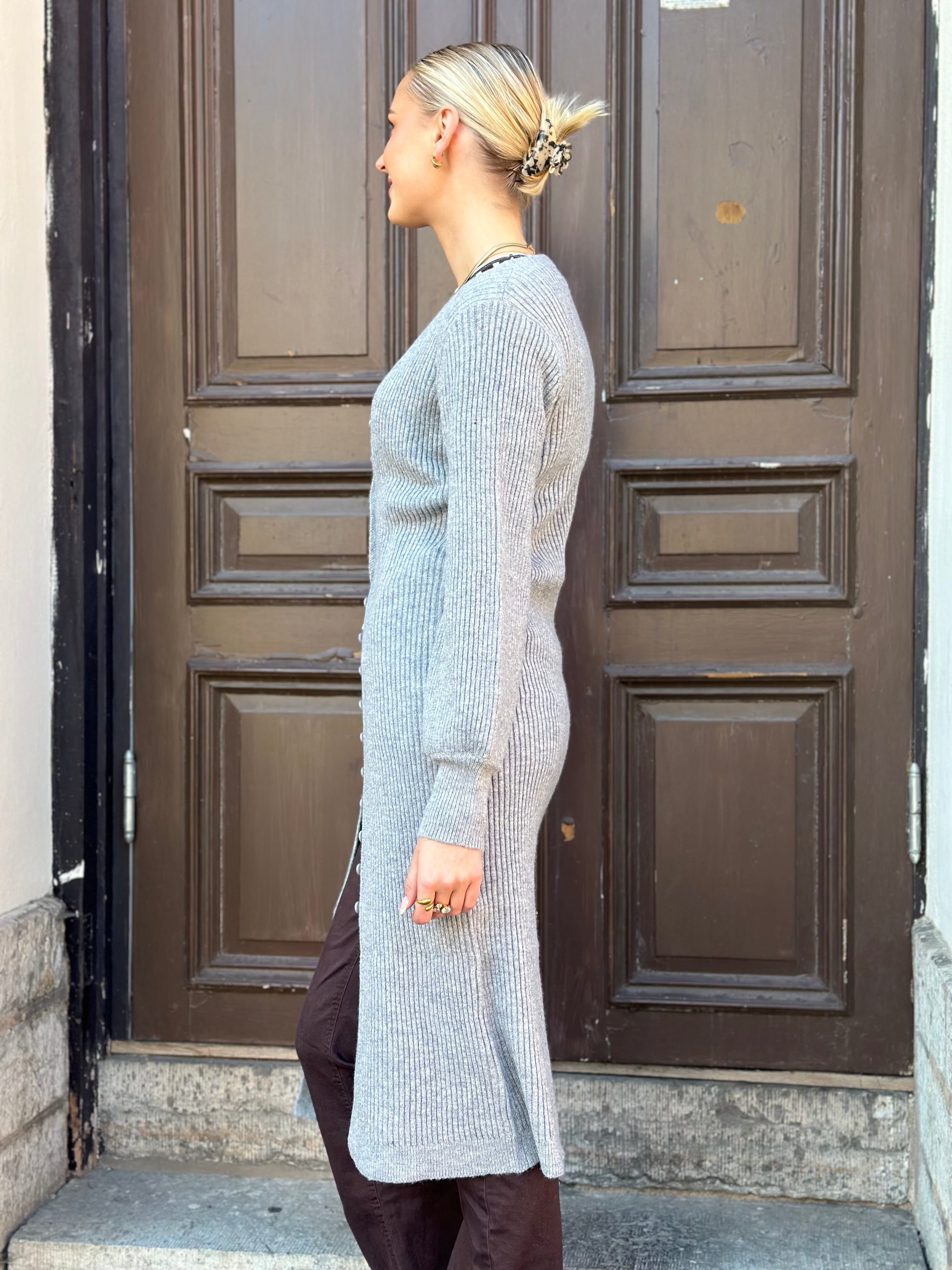 VEROMODA - EVA V-NECK LS RIB DRESS - MEDIUM GREY MELANGE