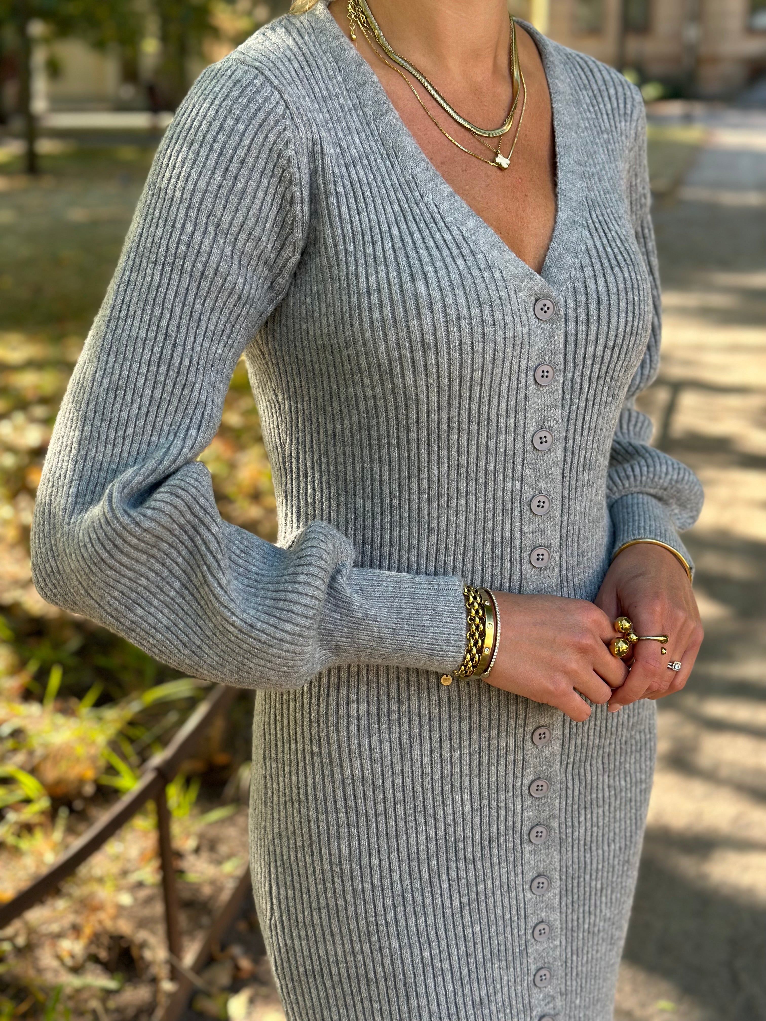 VEROMODA - EVA V-NECK LS RIB DRESS - MEDIUM GREY MELANGE