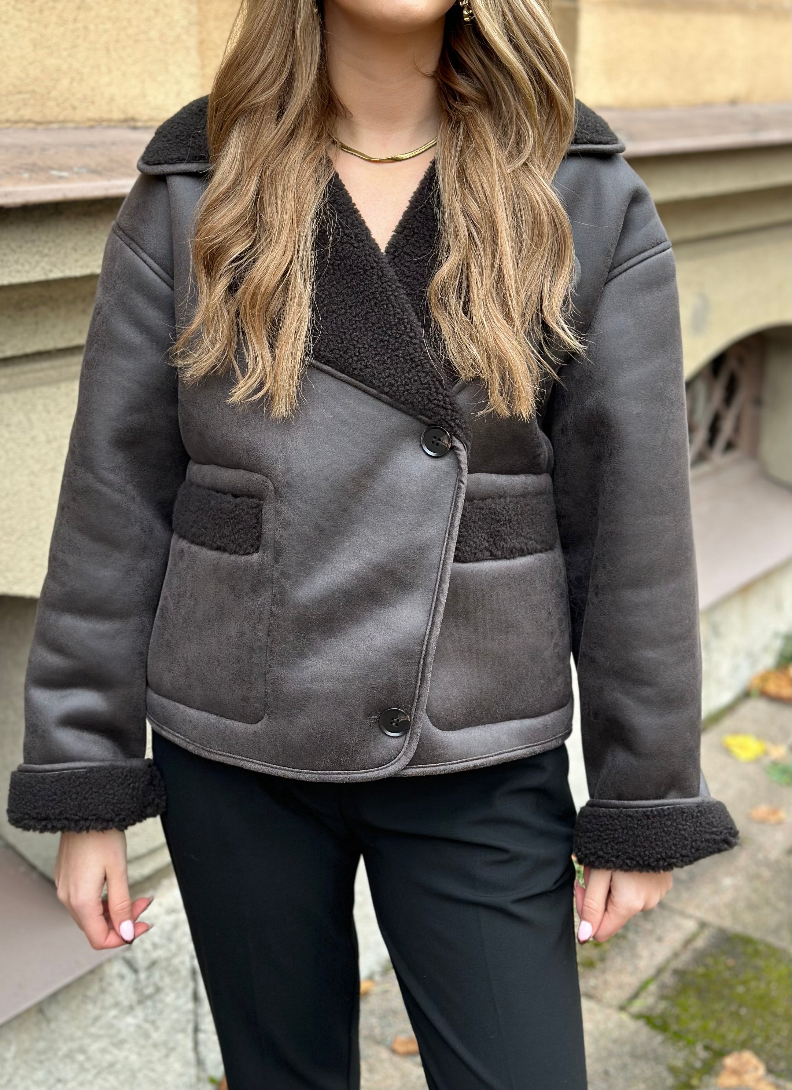 PIECES - JUNO COATED TEDDY JACKET - HOT FUDGE