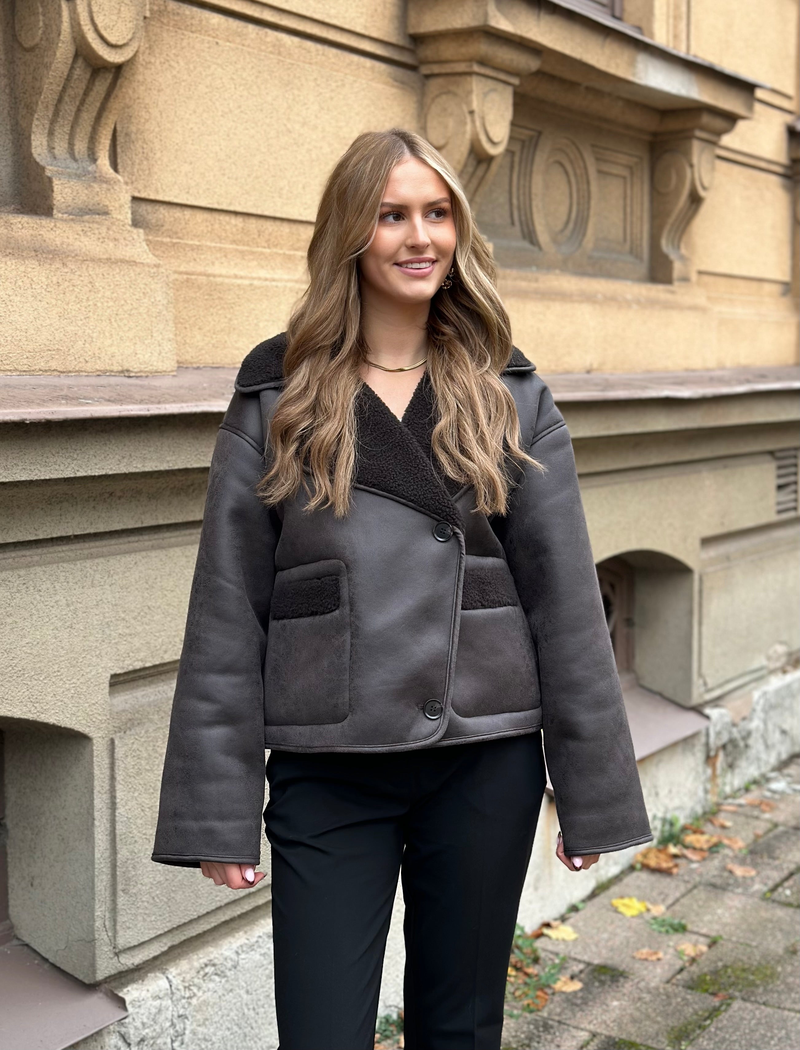 PIECES - JUNO COATED TEDDY JACKET - HOT FUDGE