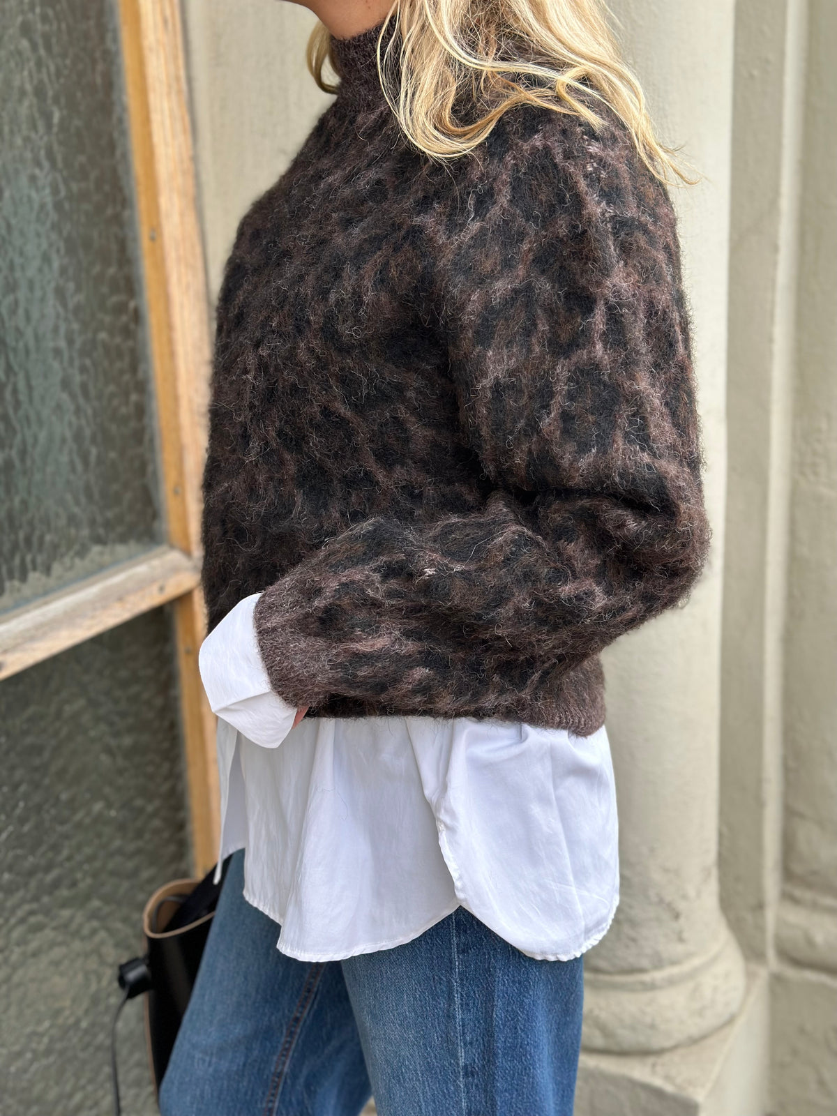 PIECES - ELINA LS HIGH NECK KNIT - HOT FUDGE/ LEOPARD