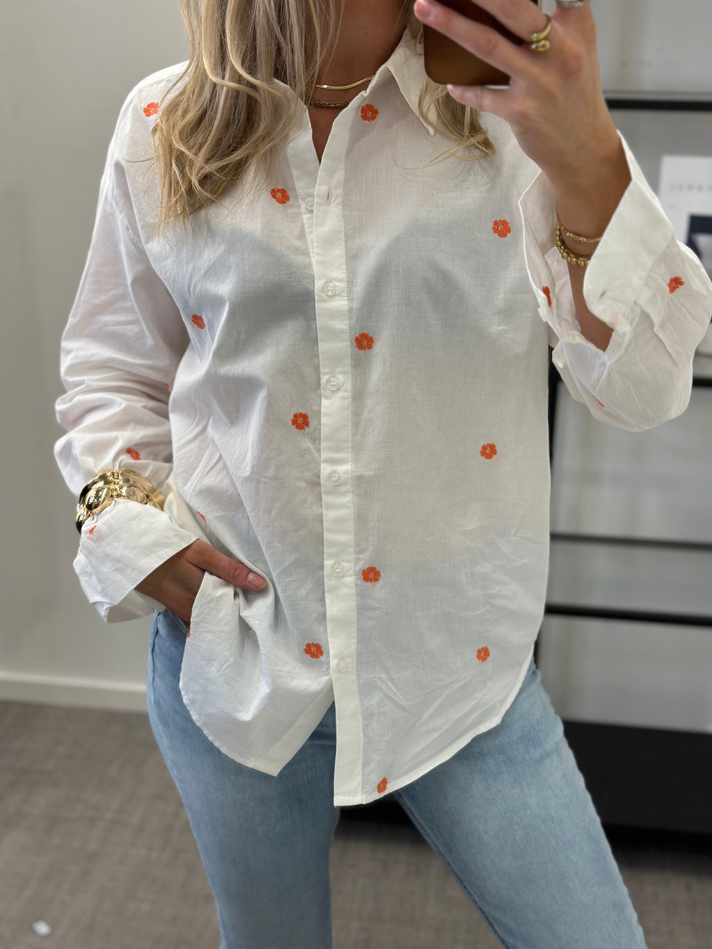 VEROMODA - DONA LS SHIRT - SNOW WHITE/EMB HIBISC