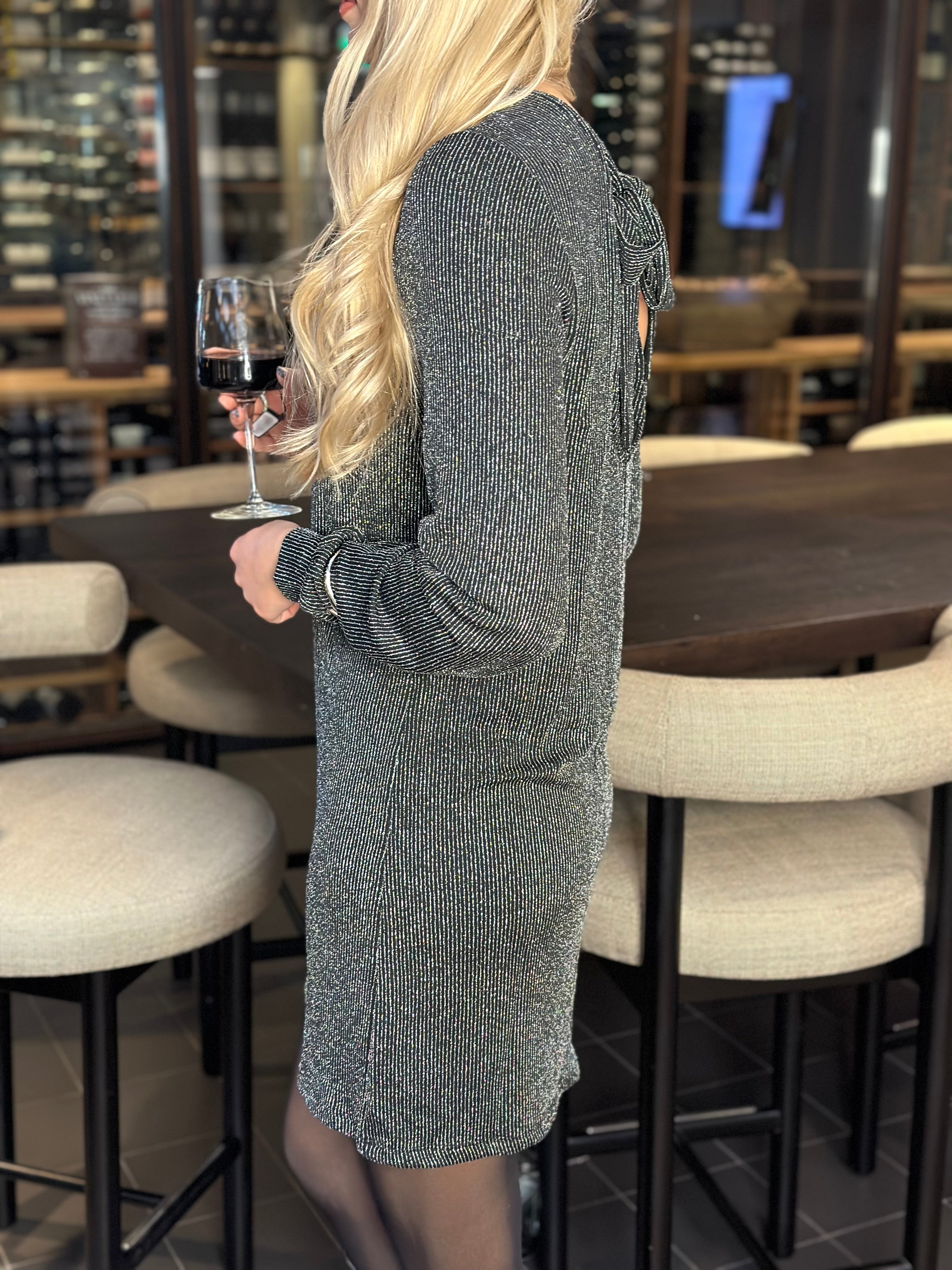 ONLY - CAROL L/S GLITTER BOW DRESS - BLACK/SILVER GLITTER