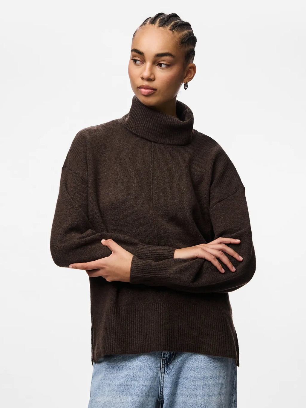 PIECES - MALOU LS ROLLNECK KNIT - HOT FUDGE/MELANGE