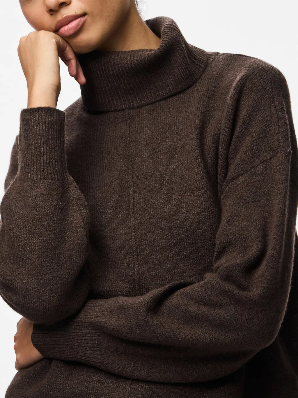 PIECES - MALOU LS ROLLNECK KNIT - HOT FUDGE/MELANGE