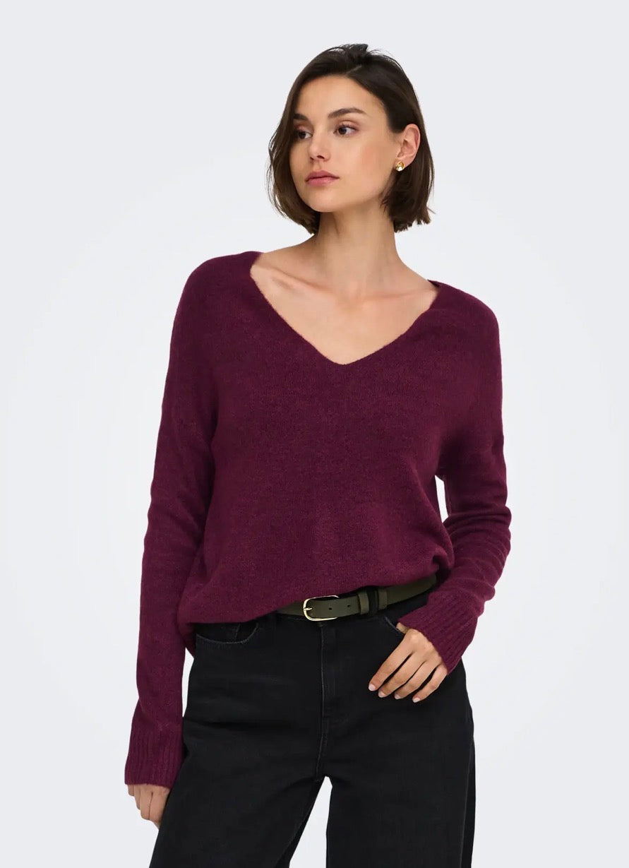 JDY - ELANORA L/S V-NECK PULLOVER - WINDSOR WINE MELANGE