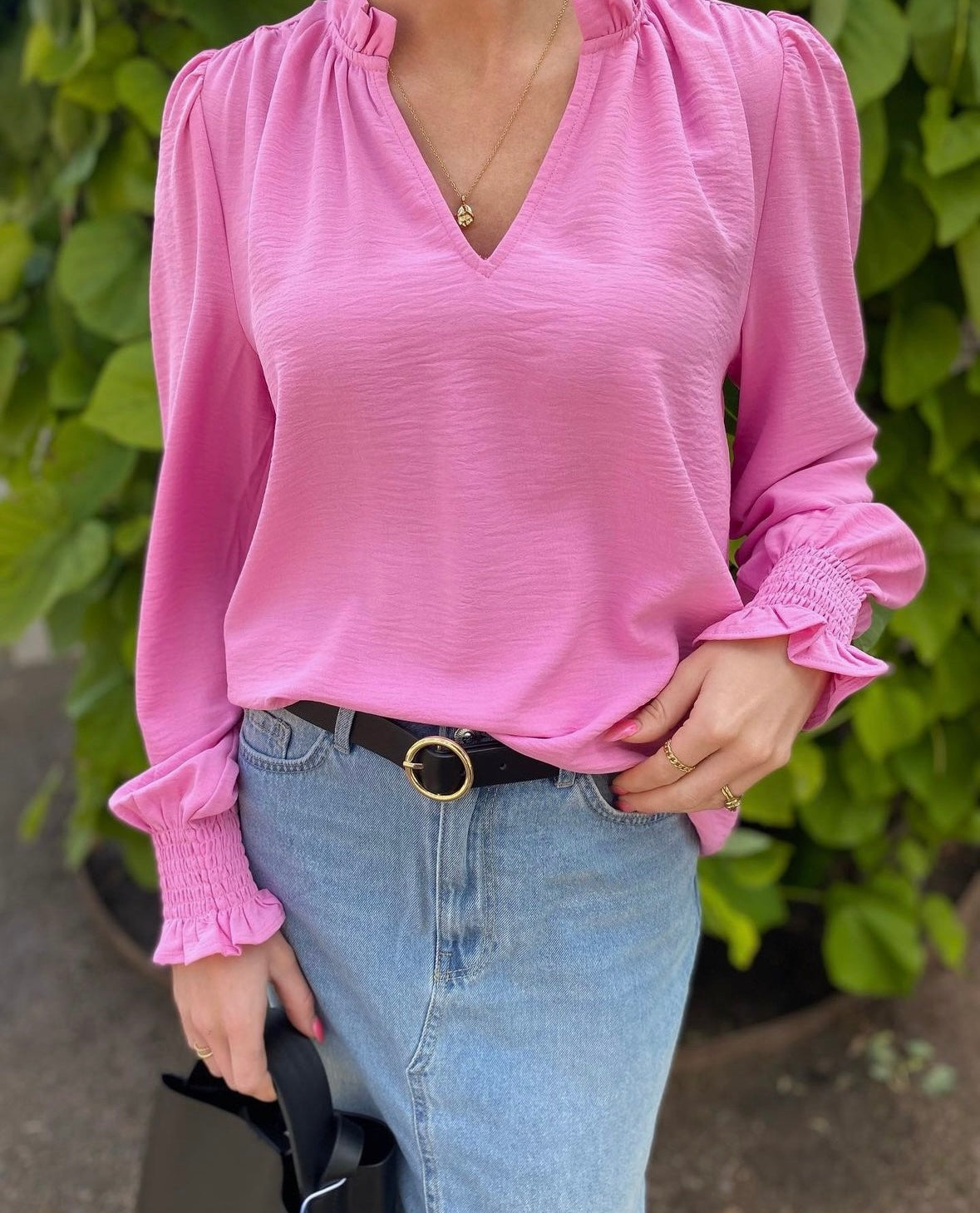 VERO MODA - ALVA L/S V-NECK TOP - FUSCHIA PINK