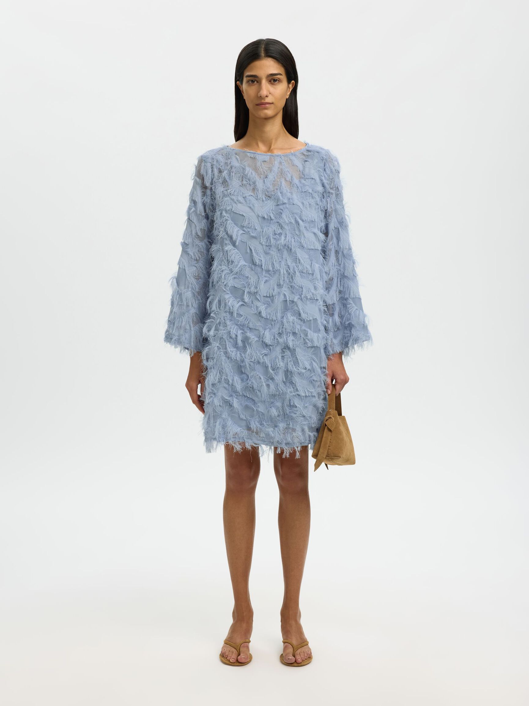 SELECTED - MYLINE RELAXED LS BOAT NECK DRESS - DUSTY BLUE