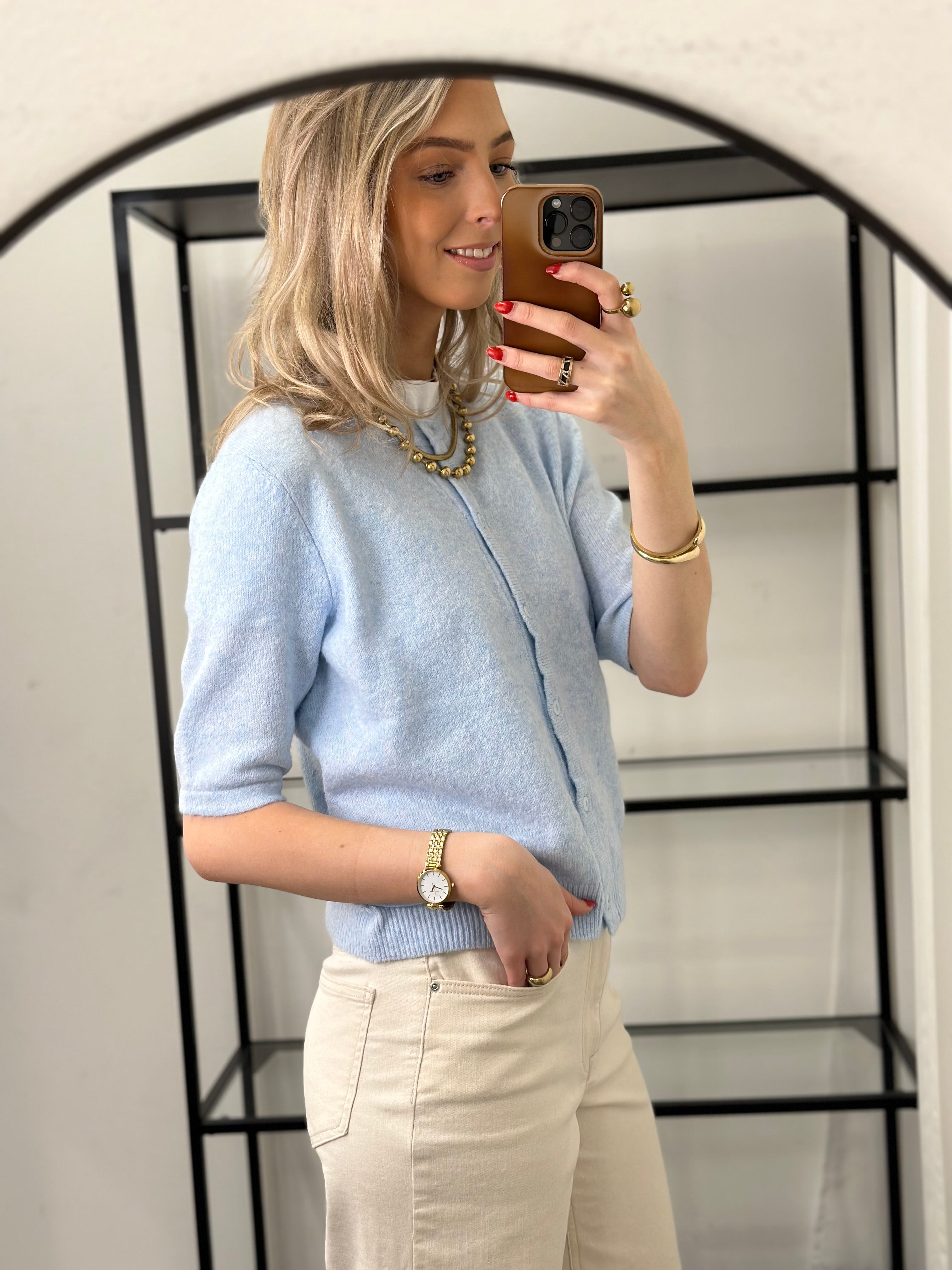 ONLY - DOFFY 2/4 O-NECK BUTTON CARDIGAN - CASHMERE BLUE