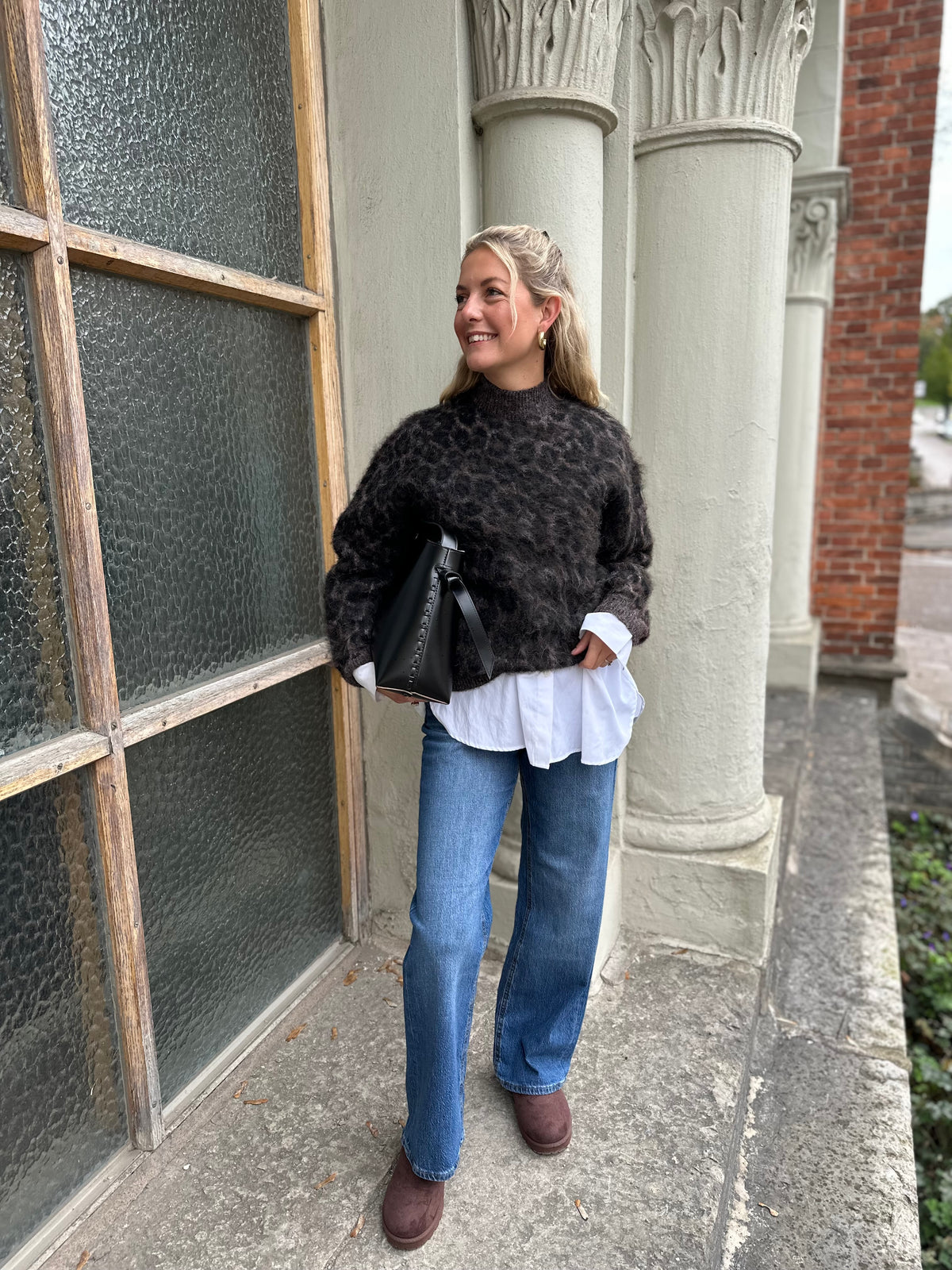 PIECES - ELINA LS HIGH NECK KNIT - HOT FUDGE/ LEOPARD