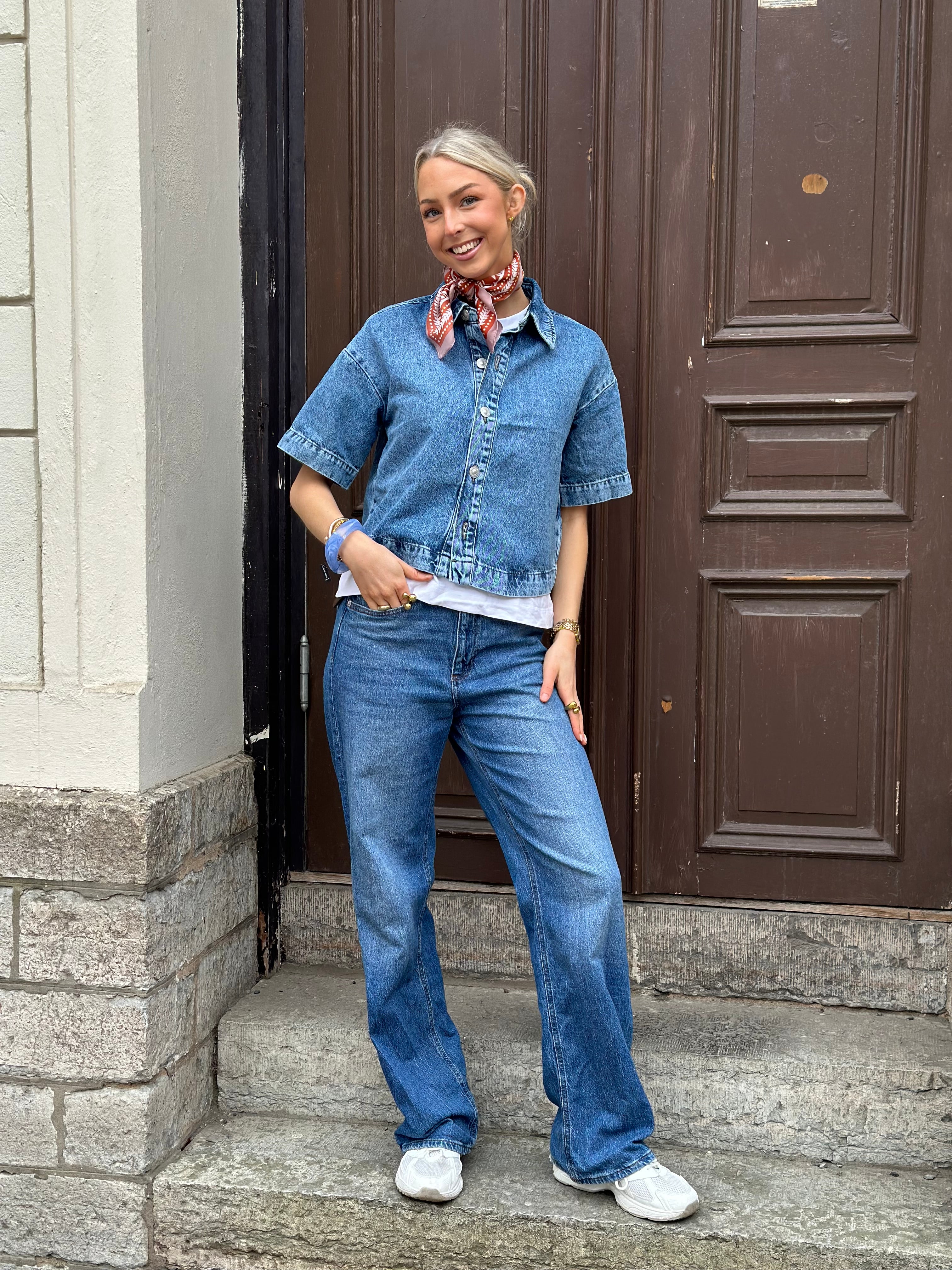 PIECES - SKY SS A-SHAPE DENIM TOP - MEDIUM BLUE DENIM