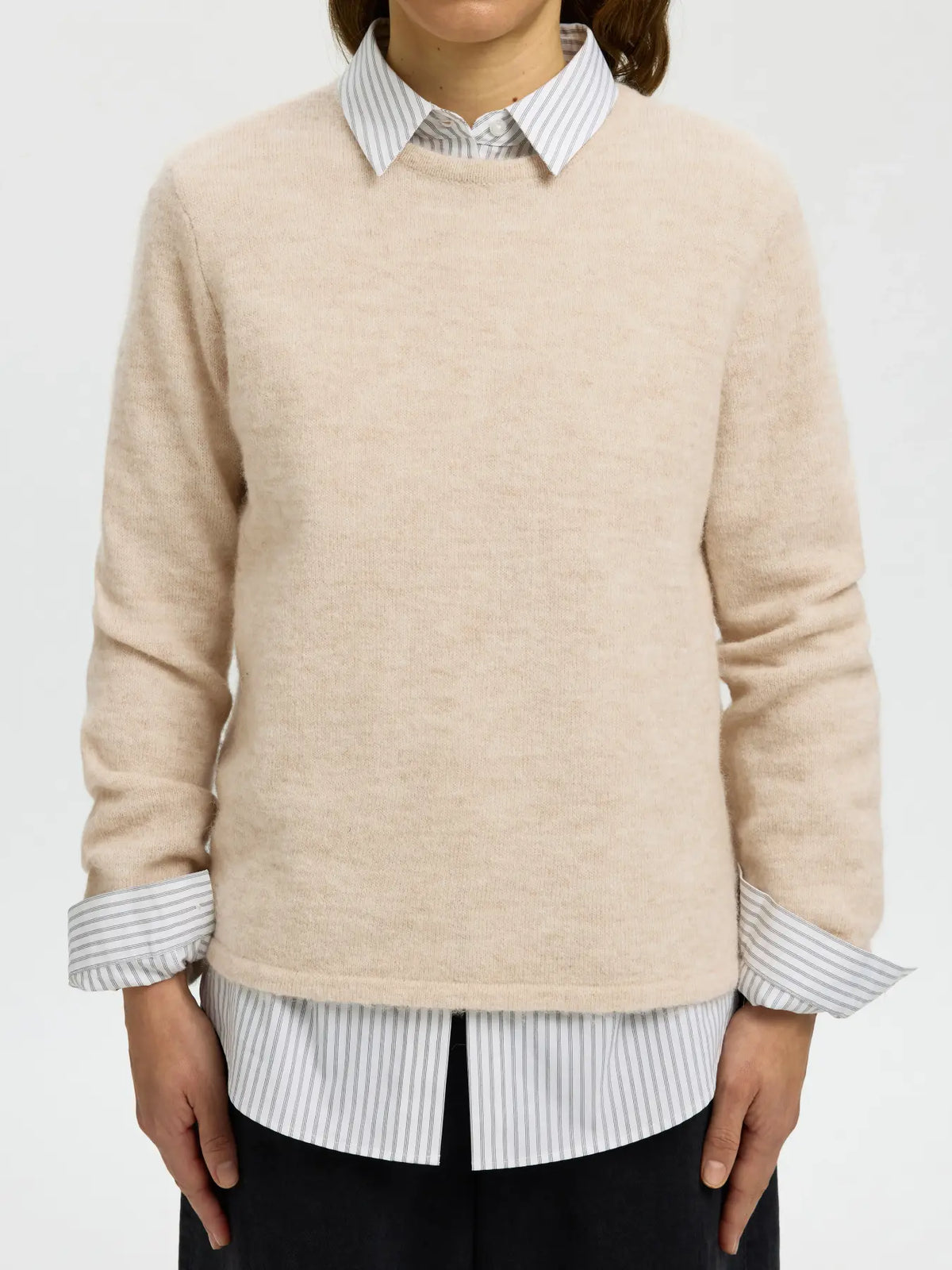SELECTED FEMME - LULU NEW LS KNIT O-NECK - BIRCH MELANGE