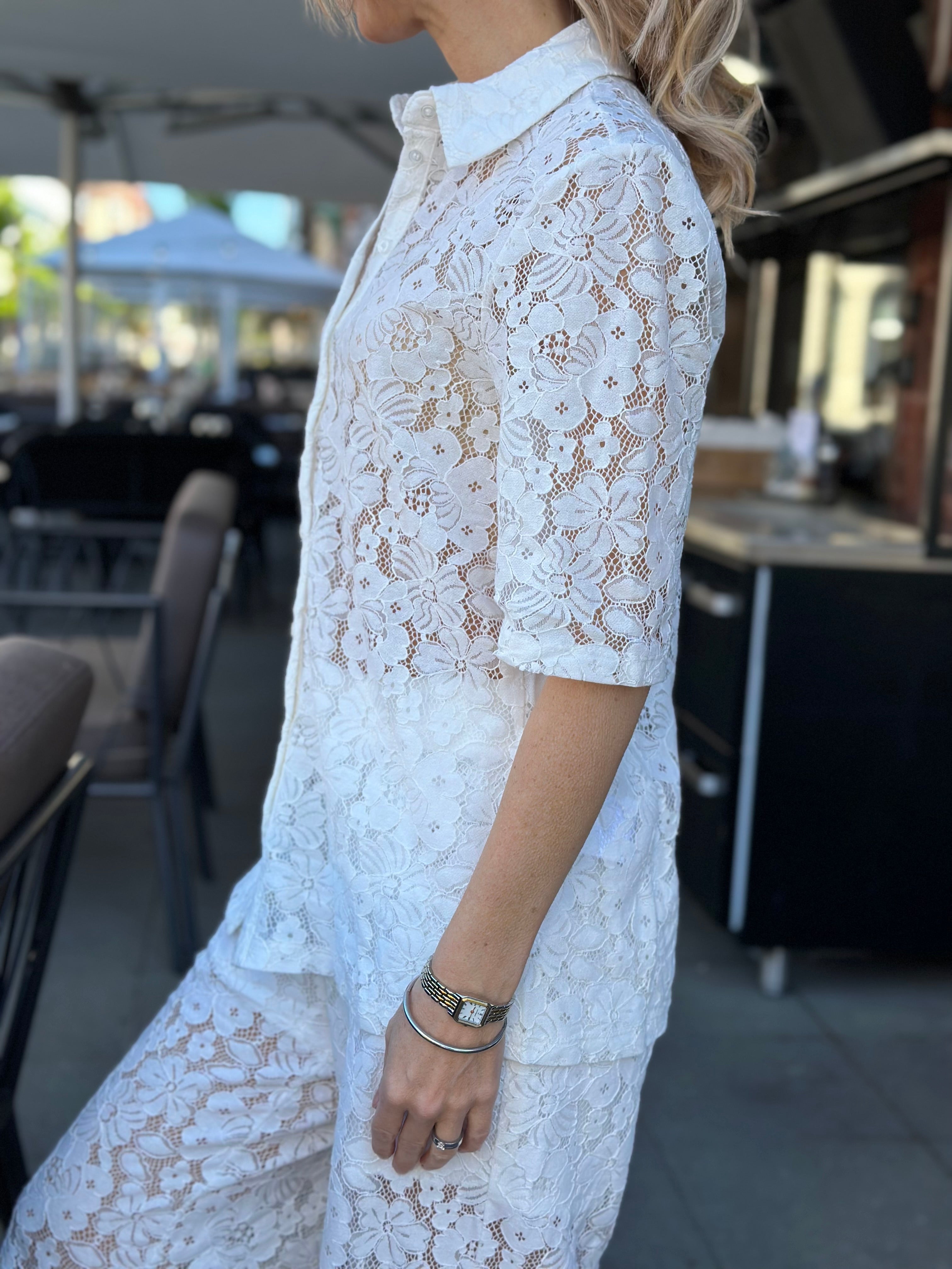 VEROMODA - HONEY LACE 2/4 SHIRT - SNOW WHITE/ FLOWER LACE