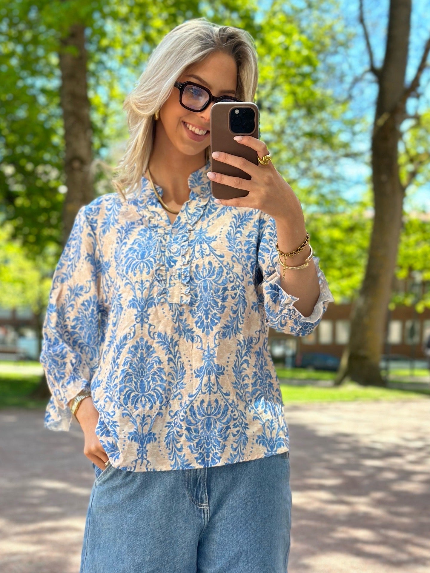 MOONDUST - BELLA FRILL BLUSE MO4059 - OCEAN BLUE