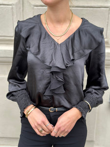 VEROMODA - BRA LS V-NECK FRILL BLOUSE - BLACK