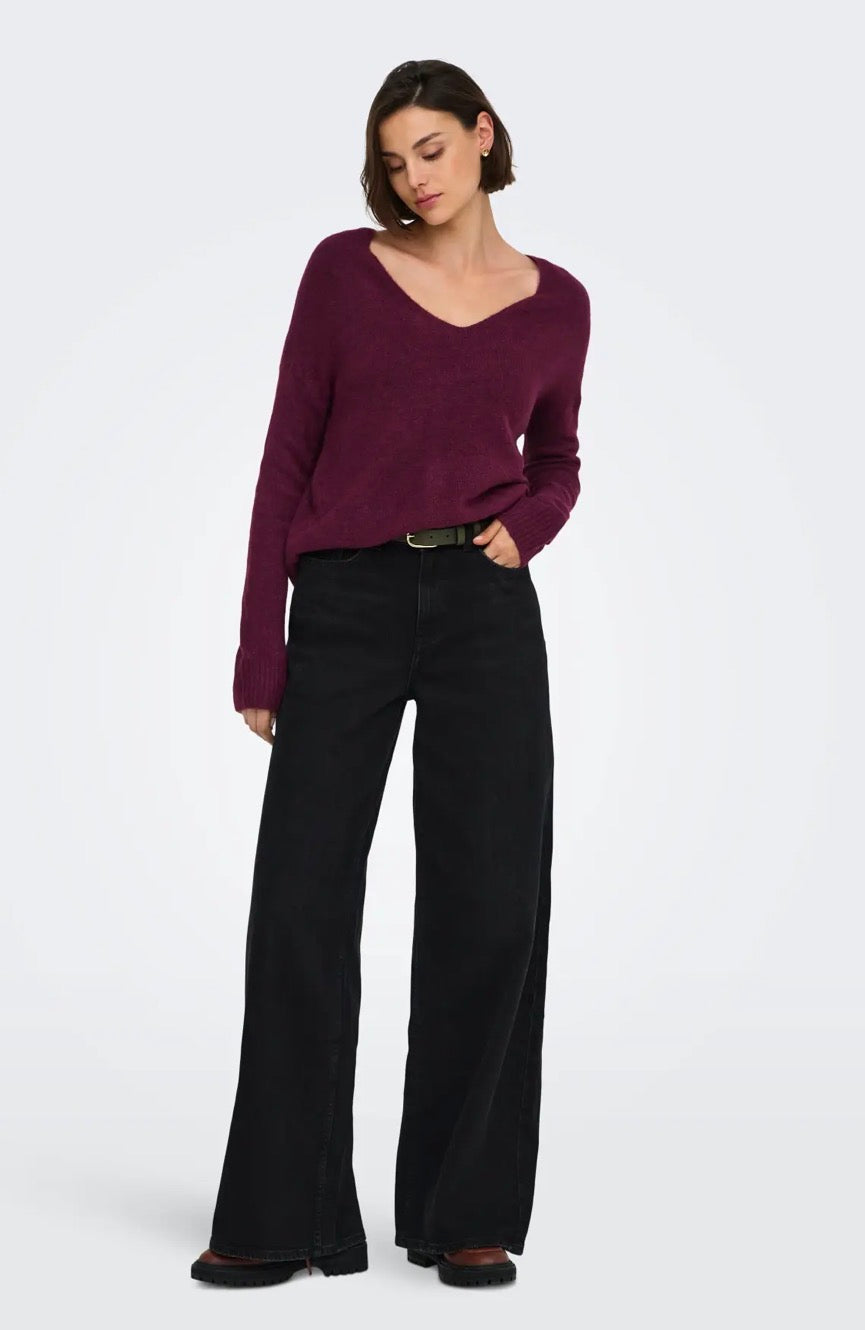 JDY - ELANORA L/S V-NECK PULLOVER - WINDSOR WINE MELANGE