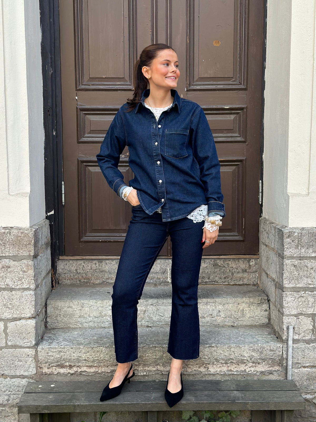 PIECES - SILKE LS SHIRT - DARK BLUE DENIM