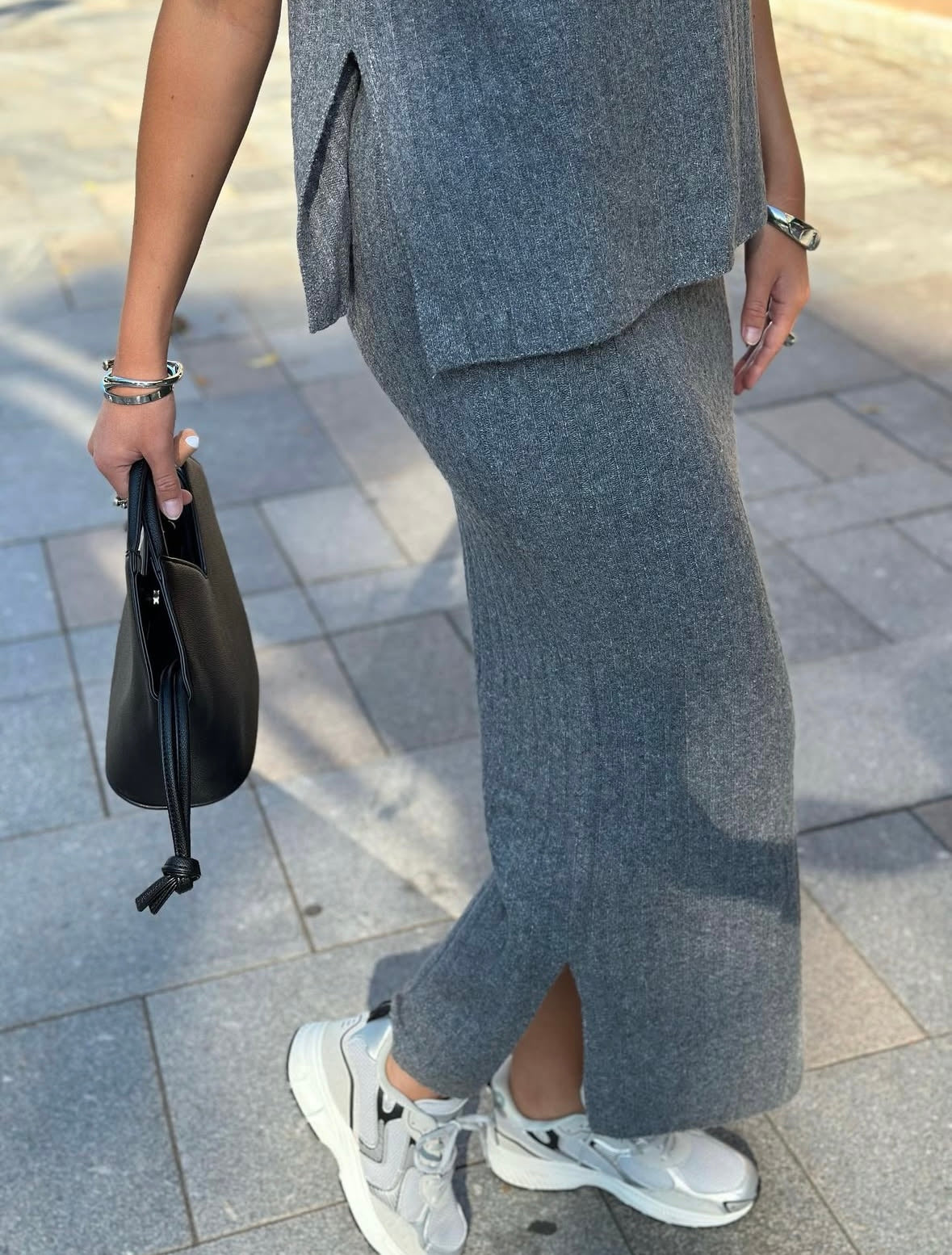 ONLY - JEANETTE LIFE RIB LONG SKIRT - MEDIUM GREY MELANGE