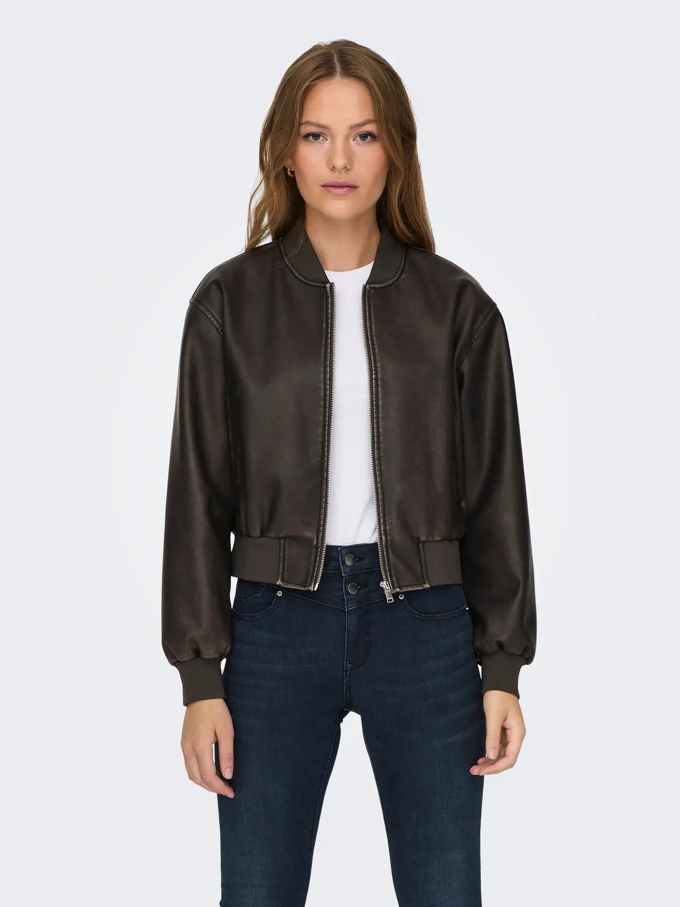ONLY - JANE FAUX LEATHER WASHED BOMBER JACKET - CHOCOLATE BROWN