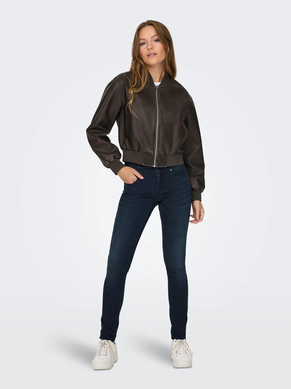 ONLY - JANE FAUX LEATHER WASHED BOMBER JACKET - CHOCOLATE BROWN