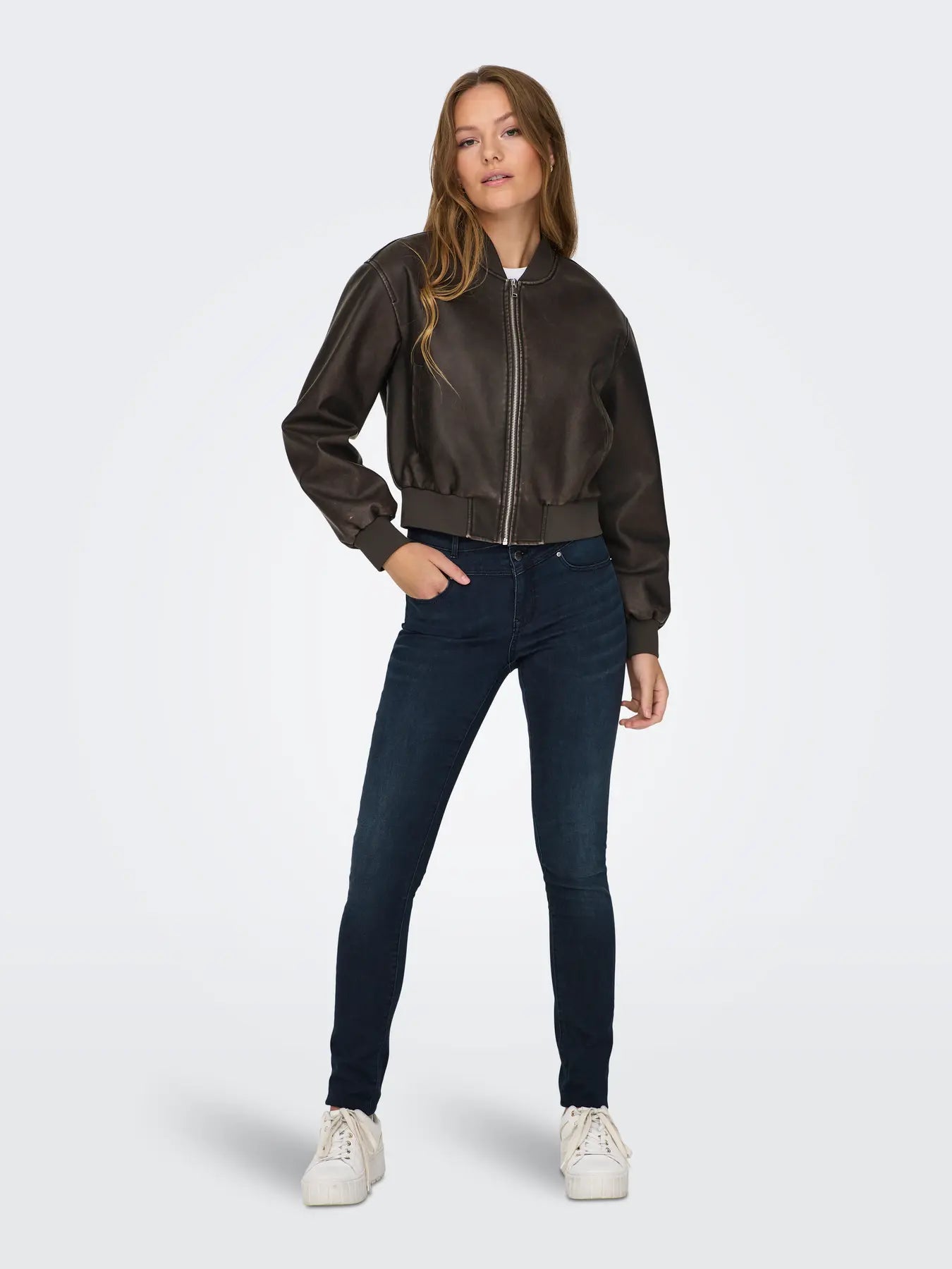 ONLY - JANE FAUX LEATHER WASHED BOMBER JACKET - CHOCOLATE BROWN
