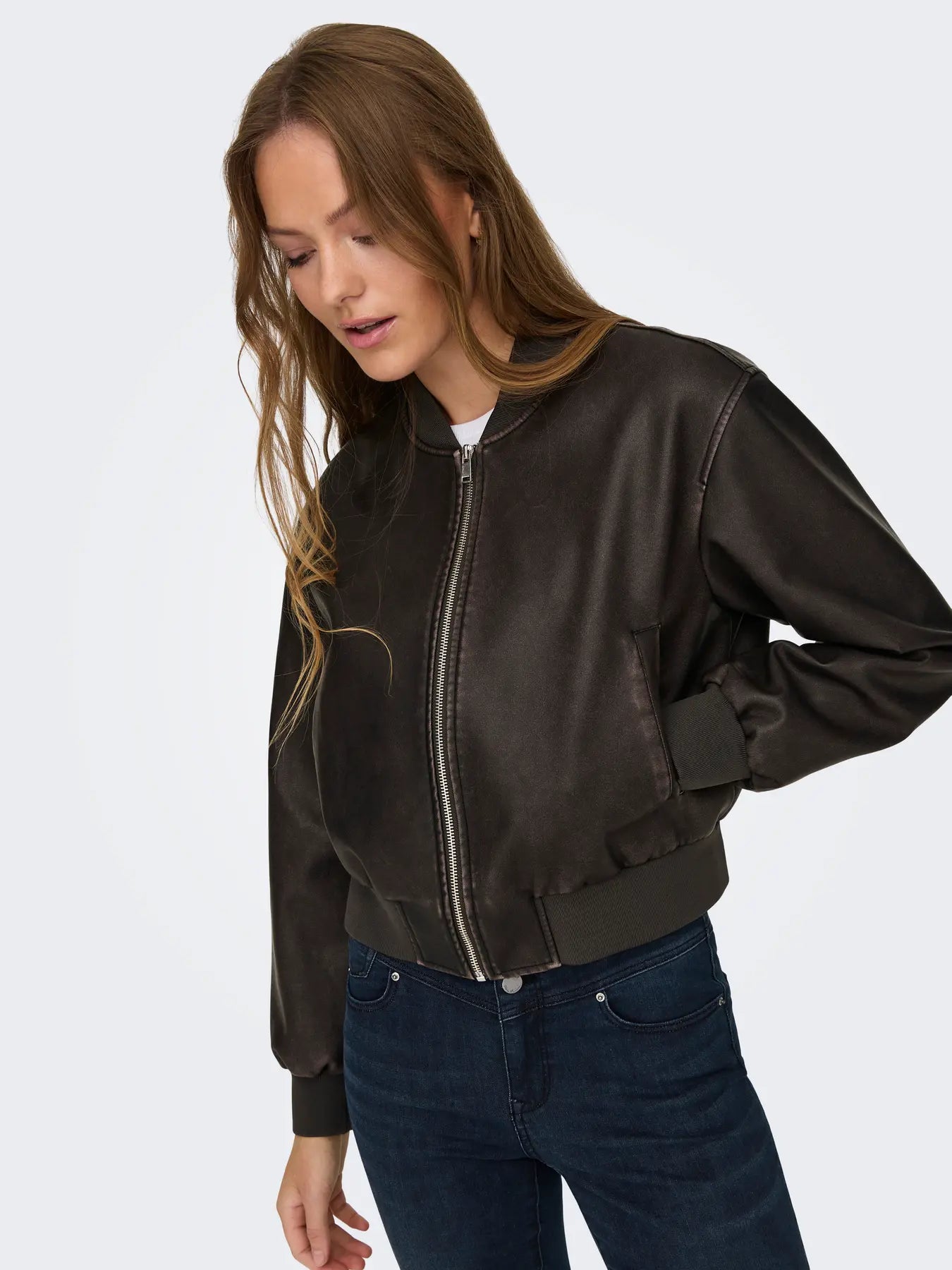 ONLY - JANE FAUX LEATHER WASHED BOMBER JACKET - CHOCOLATE BROWN