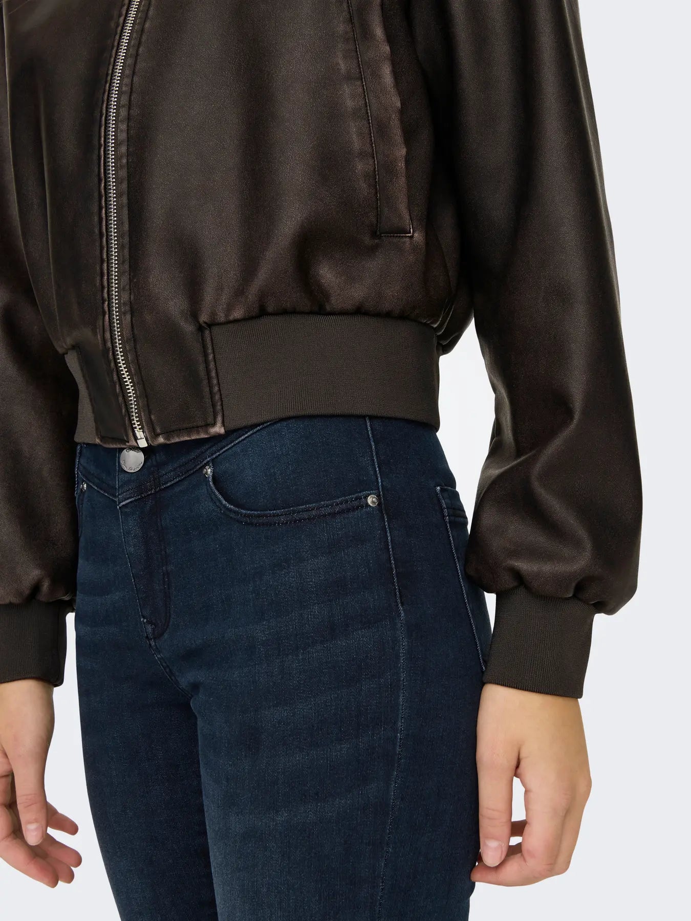 ONLY - JANE FAUX LEATHER WASHED BOMBER JACKET - CHOCOLATE BROWN