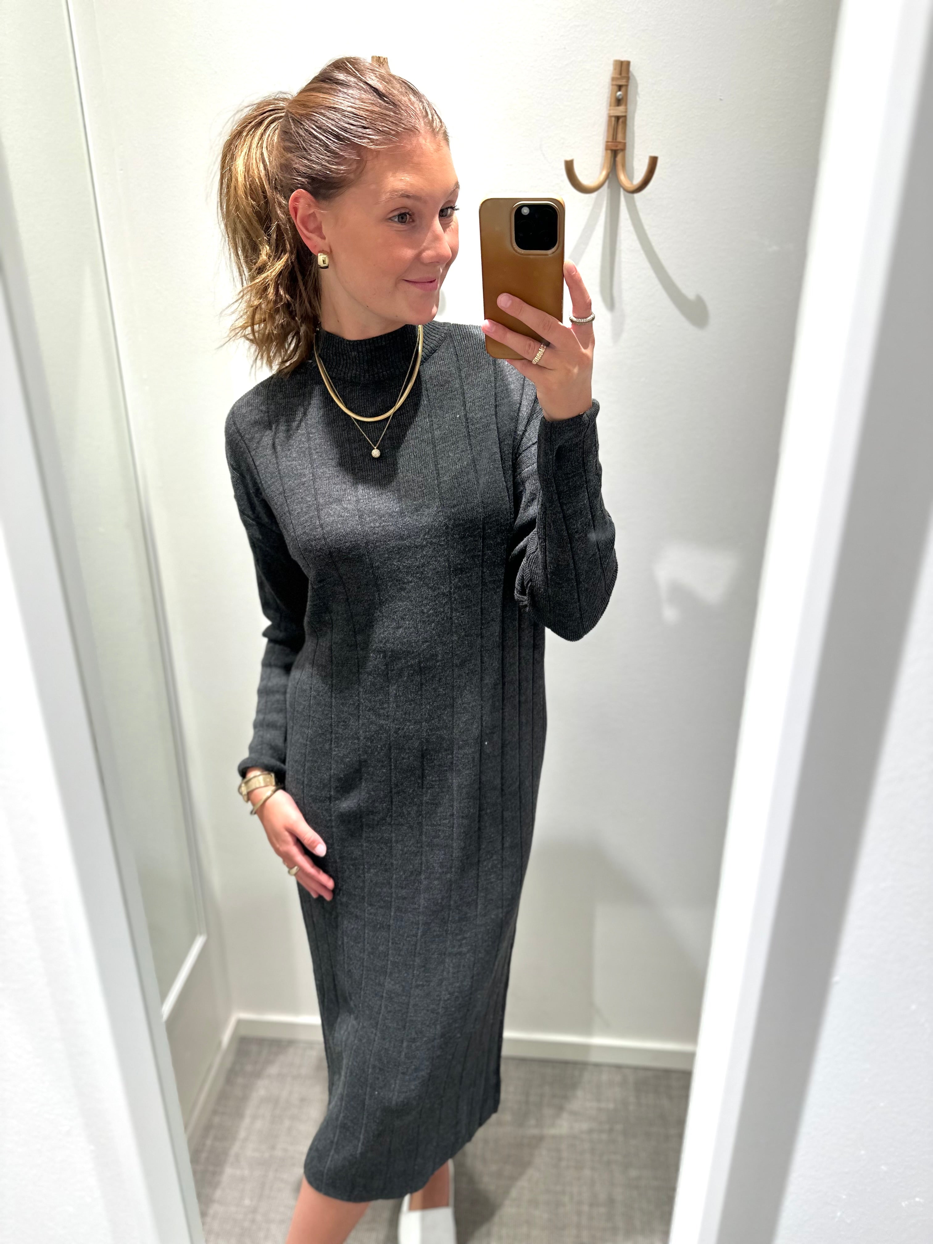 ONLY - TESS LS HIGHNECK MIDI DRESS - DARK GREY MELANGE