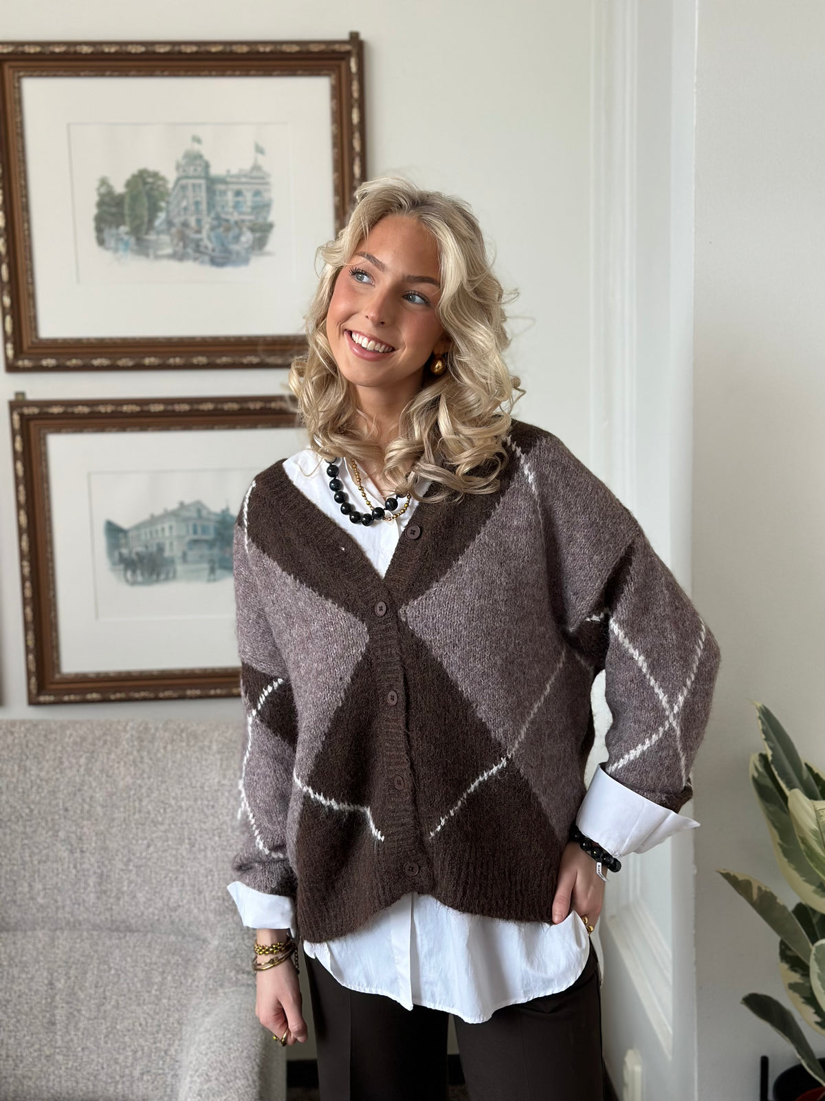 PIECES - RASMINE LS V-NECK KNIT CARDIGAN - HOT FUDGE/GREIGE