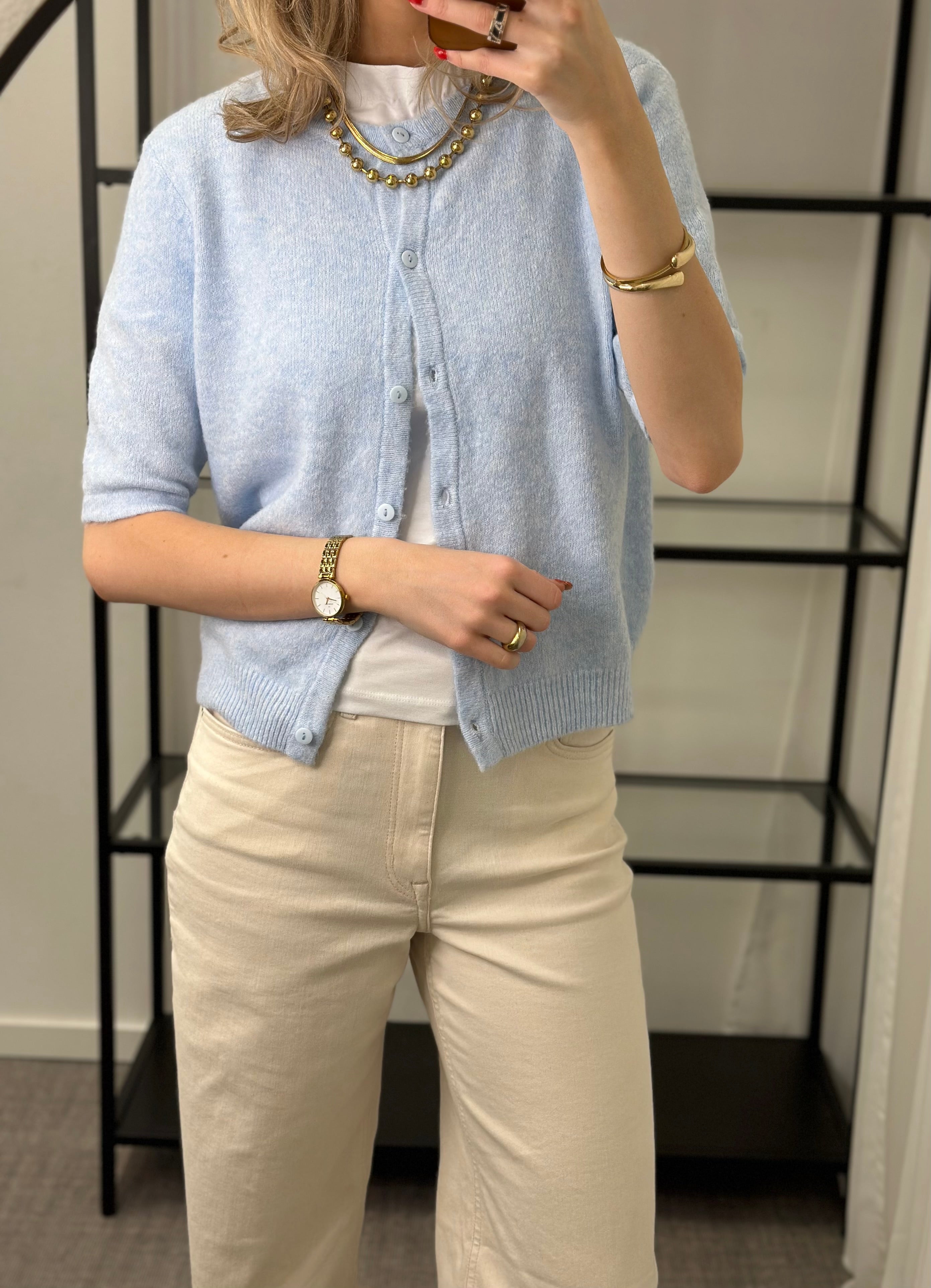 ONLY - DOFFY 2/4 O-NECK BUTTON CARDIGAN - CASHMERE BLUE