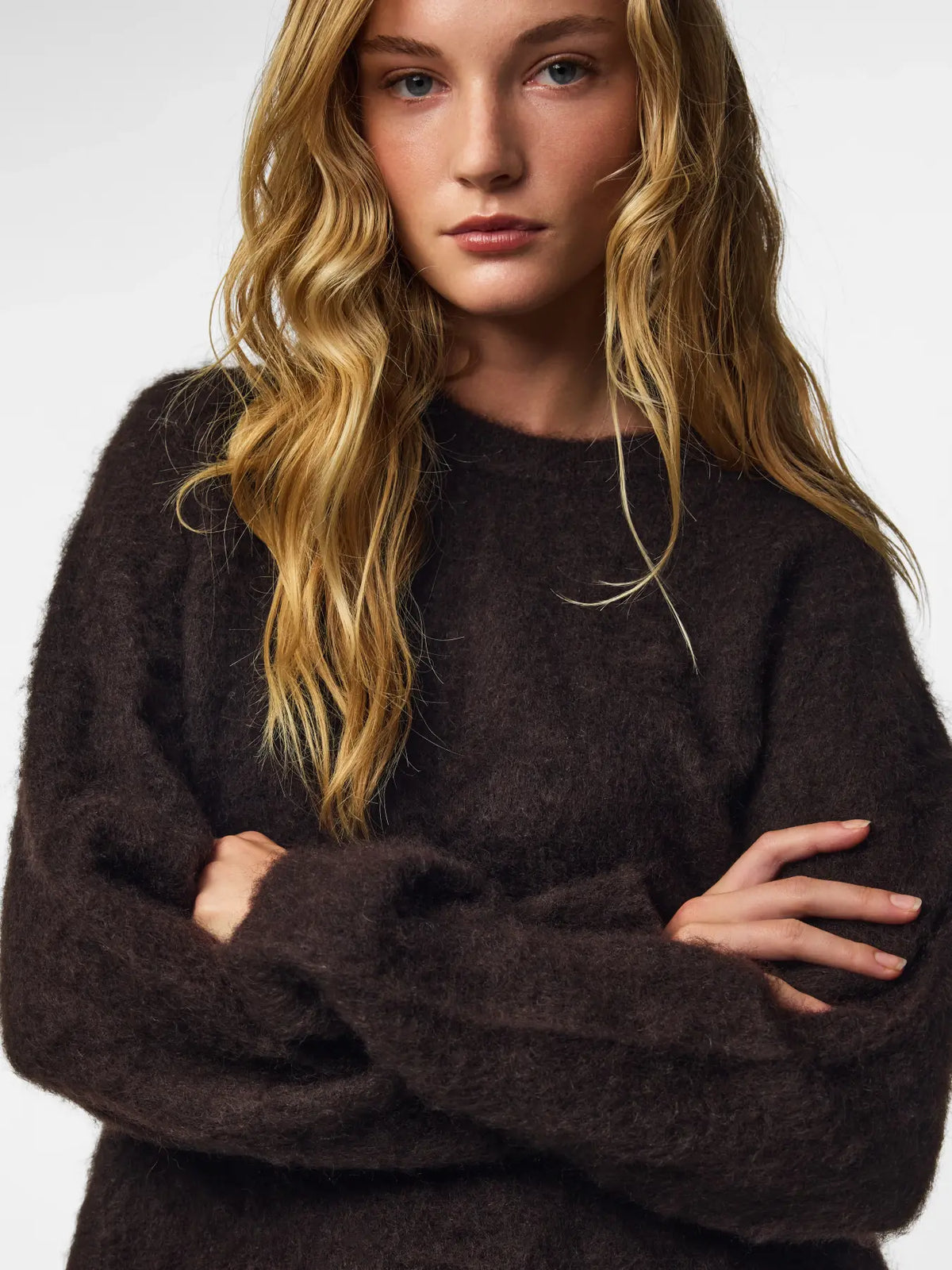 PIECES - MANIKA LS O-NECK KNIT - GANACHE/MELANGE