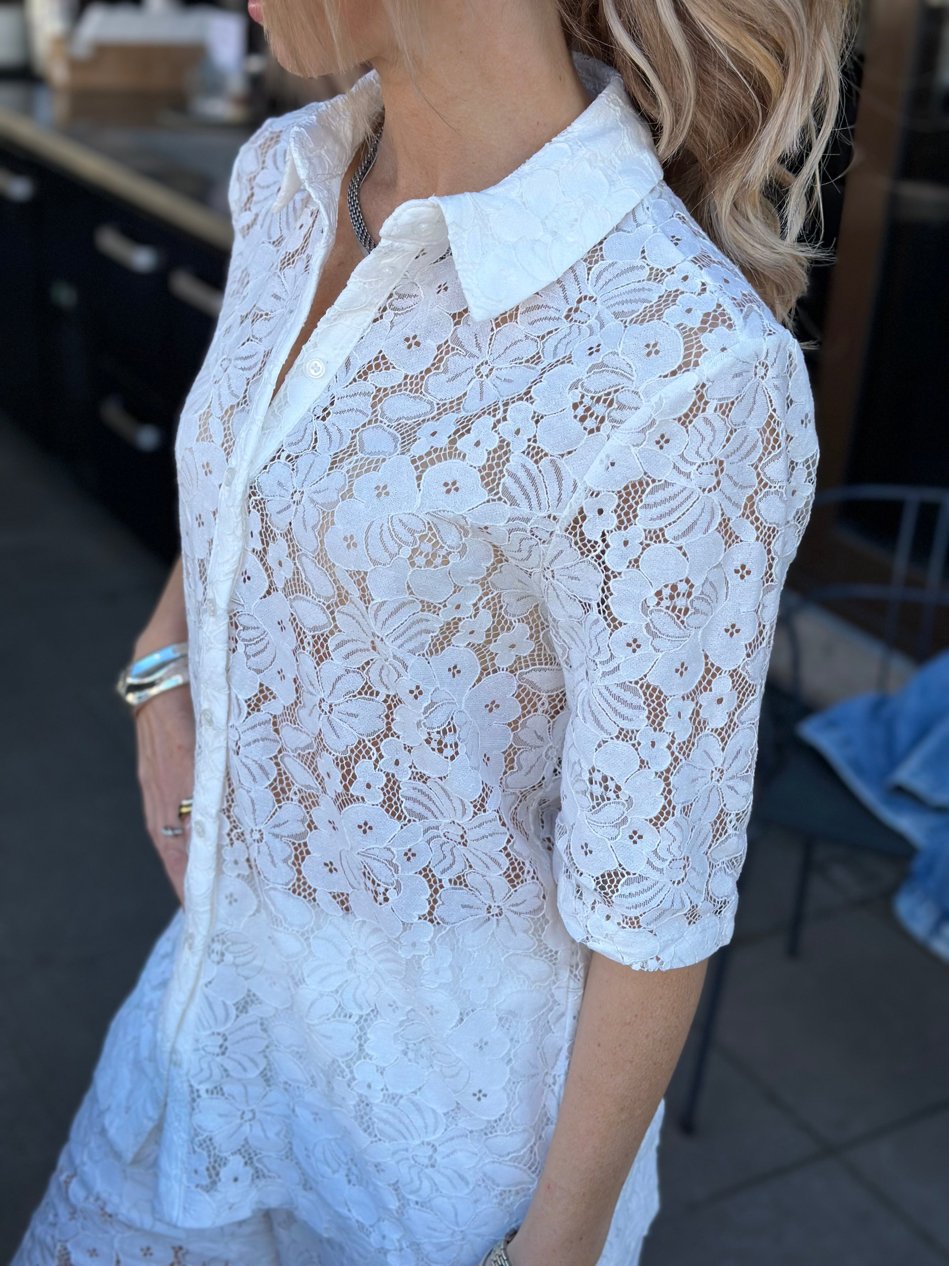 VEROMODA - HONEY LACE 2/4 SHIRT - SNOW WHITE/ FLOWER LACE