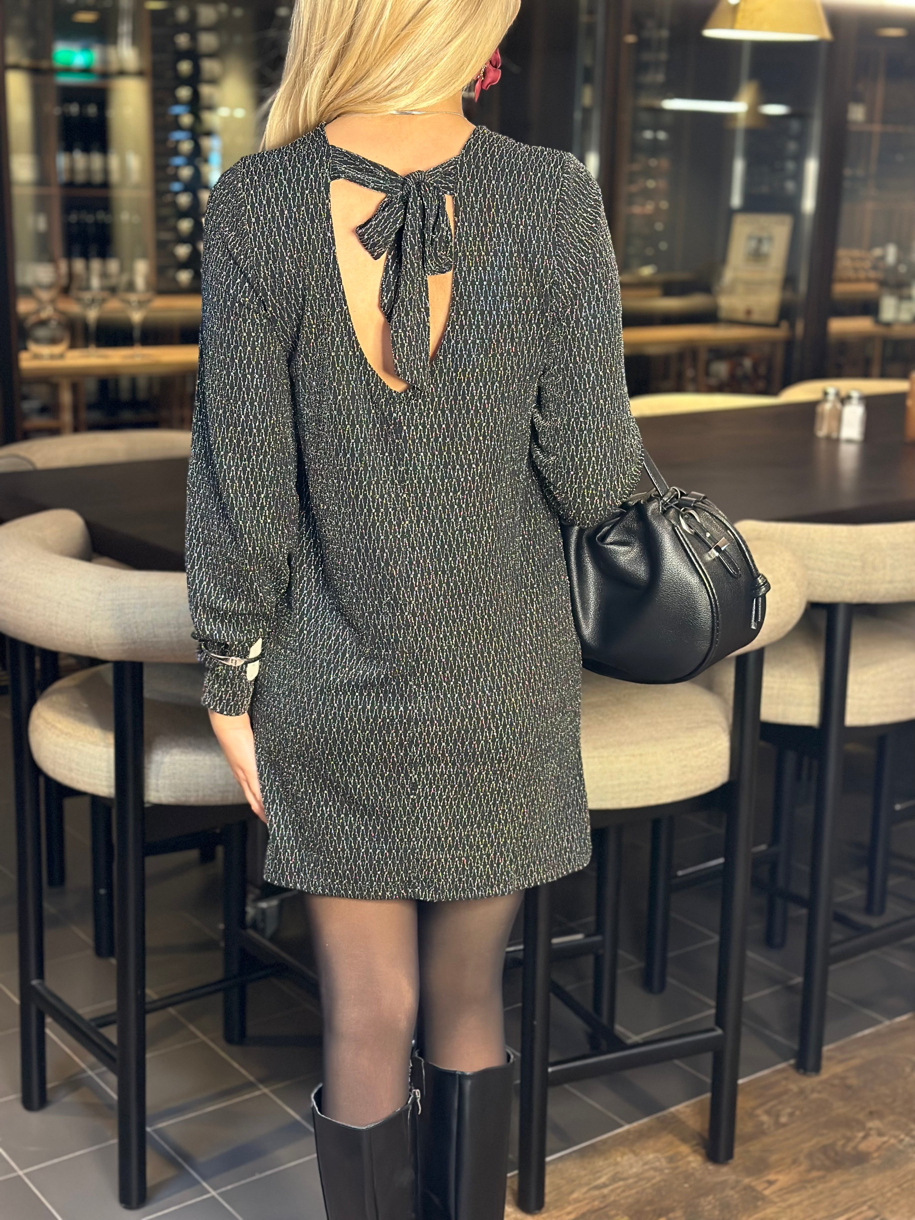 ONLY - CAROL L/S GLITTER BOW DRESS - BLACK/HARLEKIN