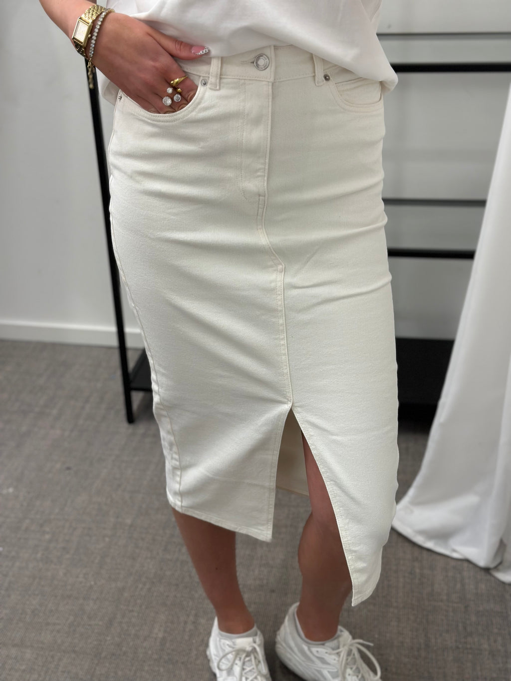 VERO MODA - VERI HR CALF DENIM SKIRT - ECRU