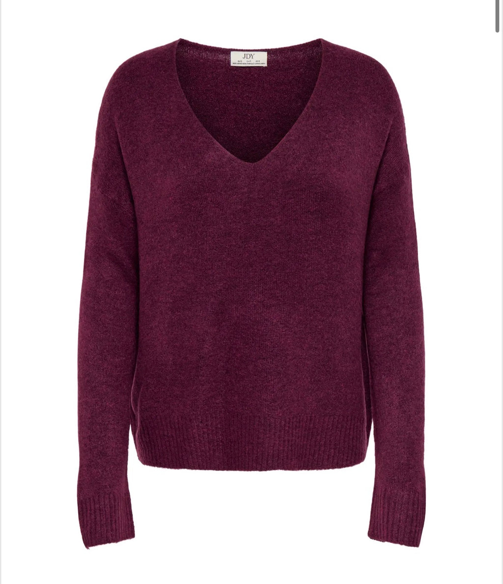 JDY - ELANORA L/S V-NECK PULLOVER - WINDSOR WINE MELANGE