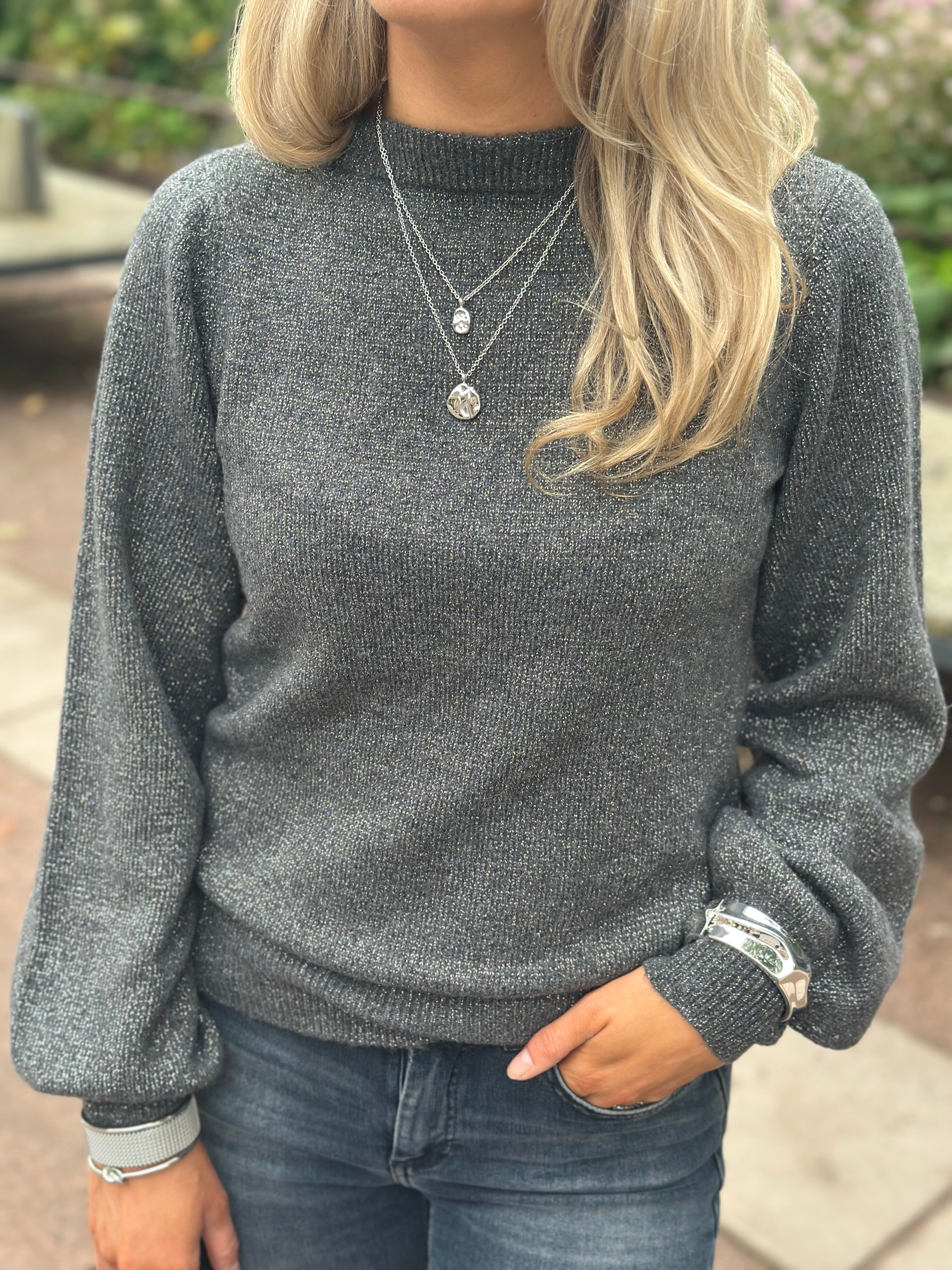 JDY - RUE GLITTER L/S BOAT PULLOVER - DARK GREY MELANGE/LUREX