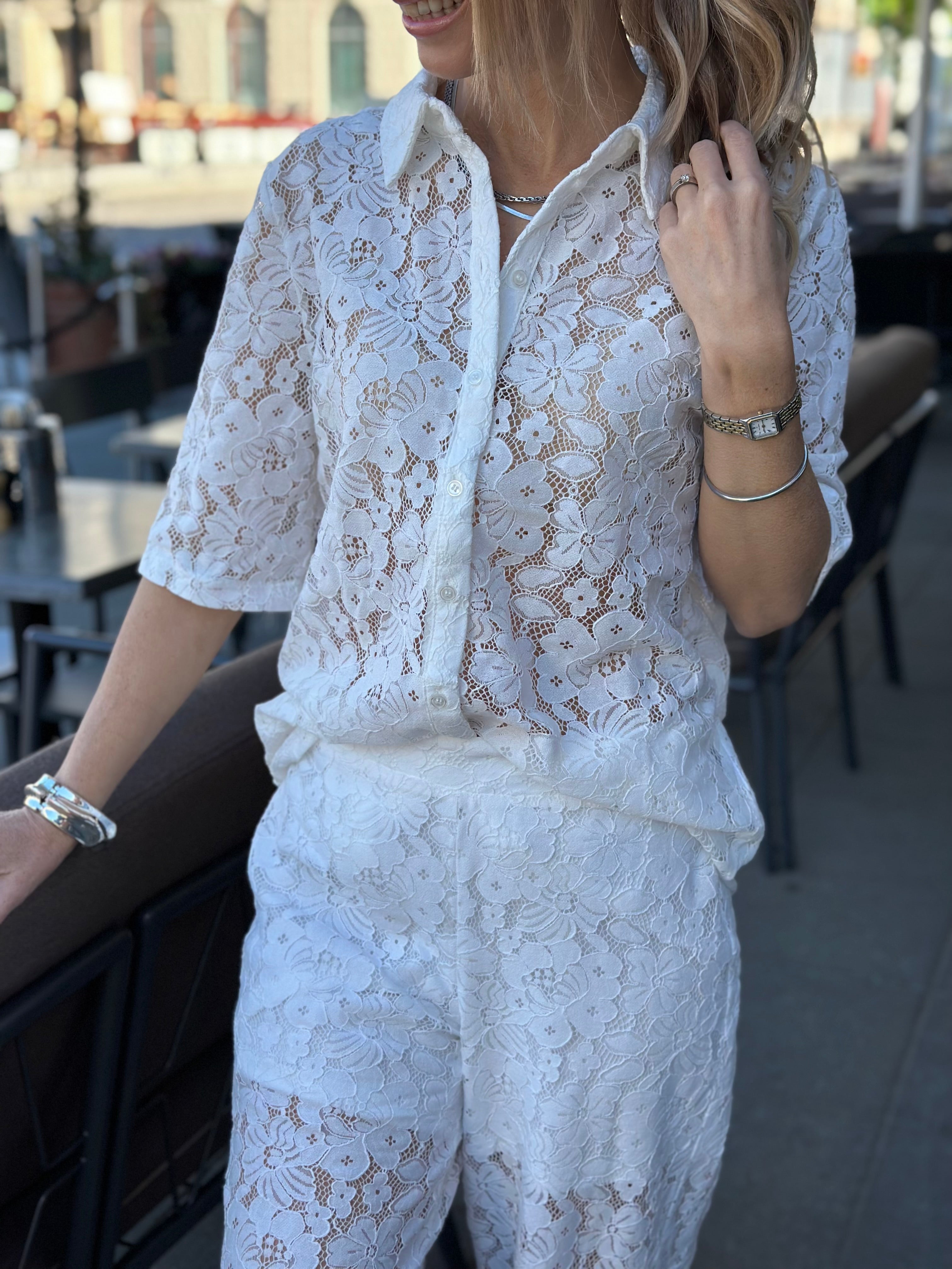 VEROMODA - HONEY LACE 2/4 SHIRT - SNOW WHITE/ FLOWER LACE