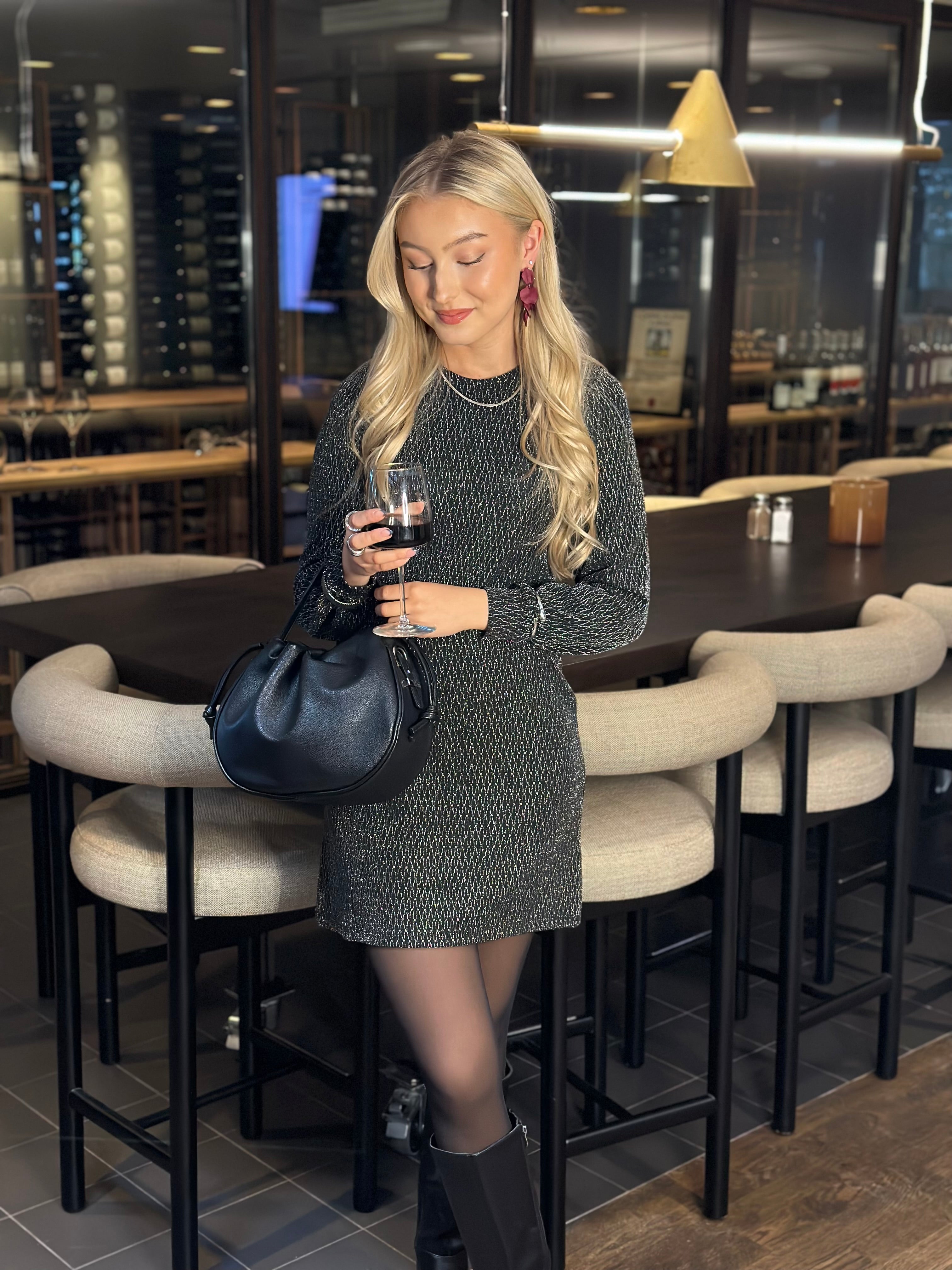 ONLY - CAROL L/S GLITTER BOW DRESS - BLACK/HARLEKIN