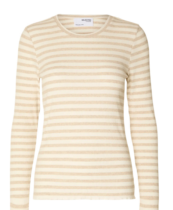 SELECTED - ANNA LS CREW NECK TEE - OATMEAL/ SNOW WHITE