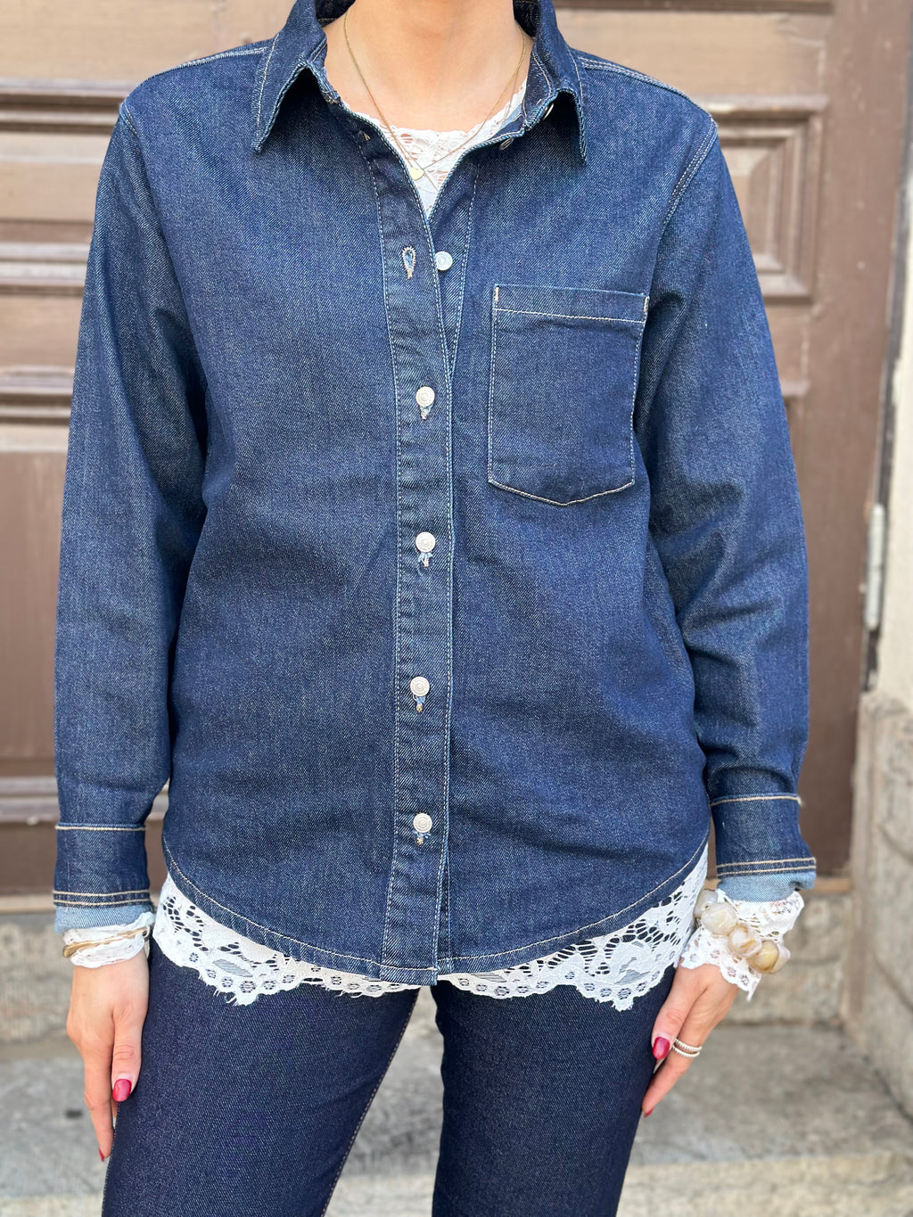 PIECES - SILKE LS SHIRT - DARK BLUE DENIM