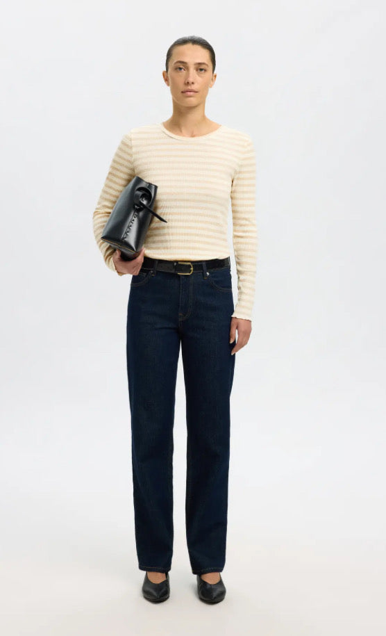 SELECTED - ANNA LS CREW NECK TEE - OATMEAL/ SNOW WHITE