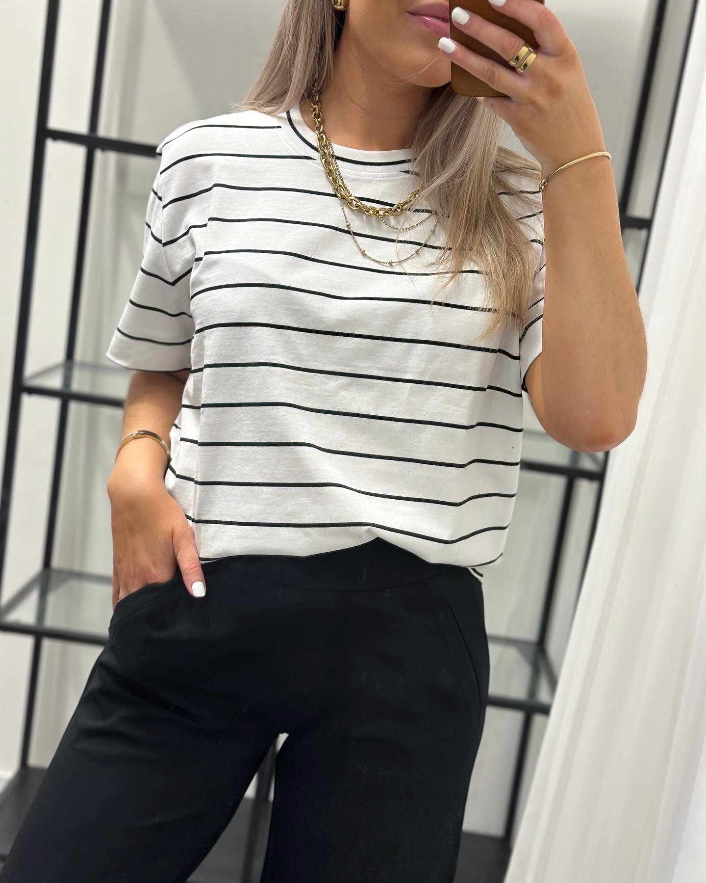 SELECTED FEMME - ESSENTIAL SS STRIPED BOXY TEE - BRIGHT WHITE/BLACK